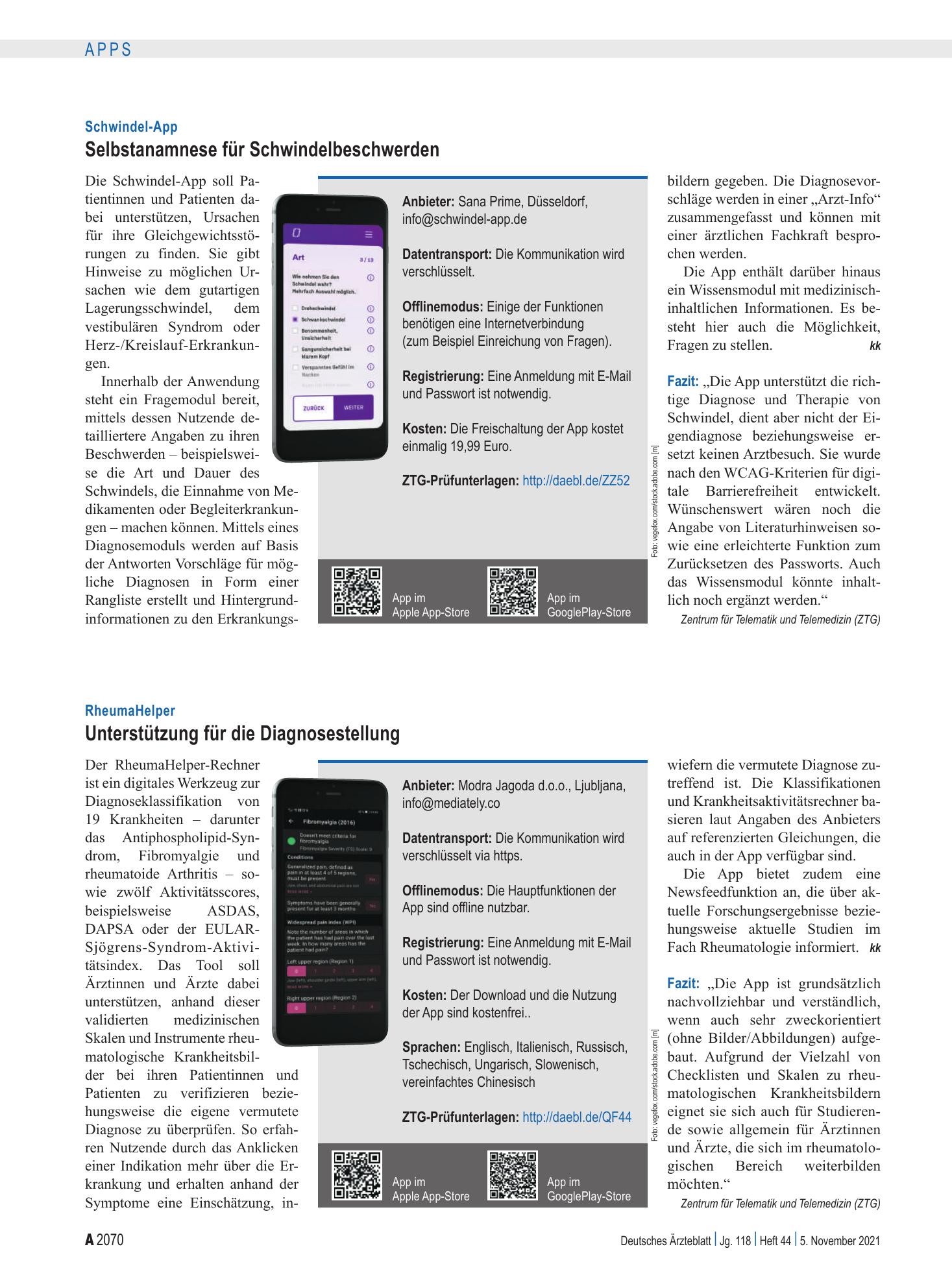 Vorschauseite 1: Schwindel-App: Selbstanamnese für Schwindelbeschwerden – Deutsches Ärzteblatt