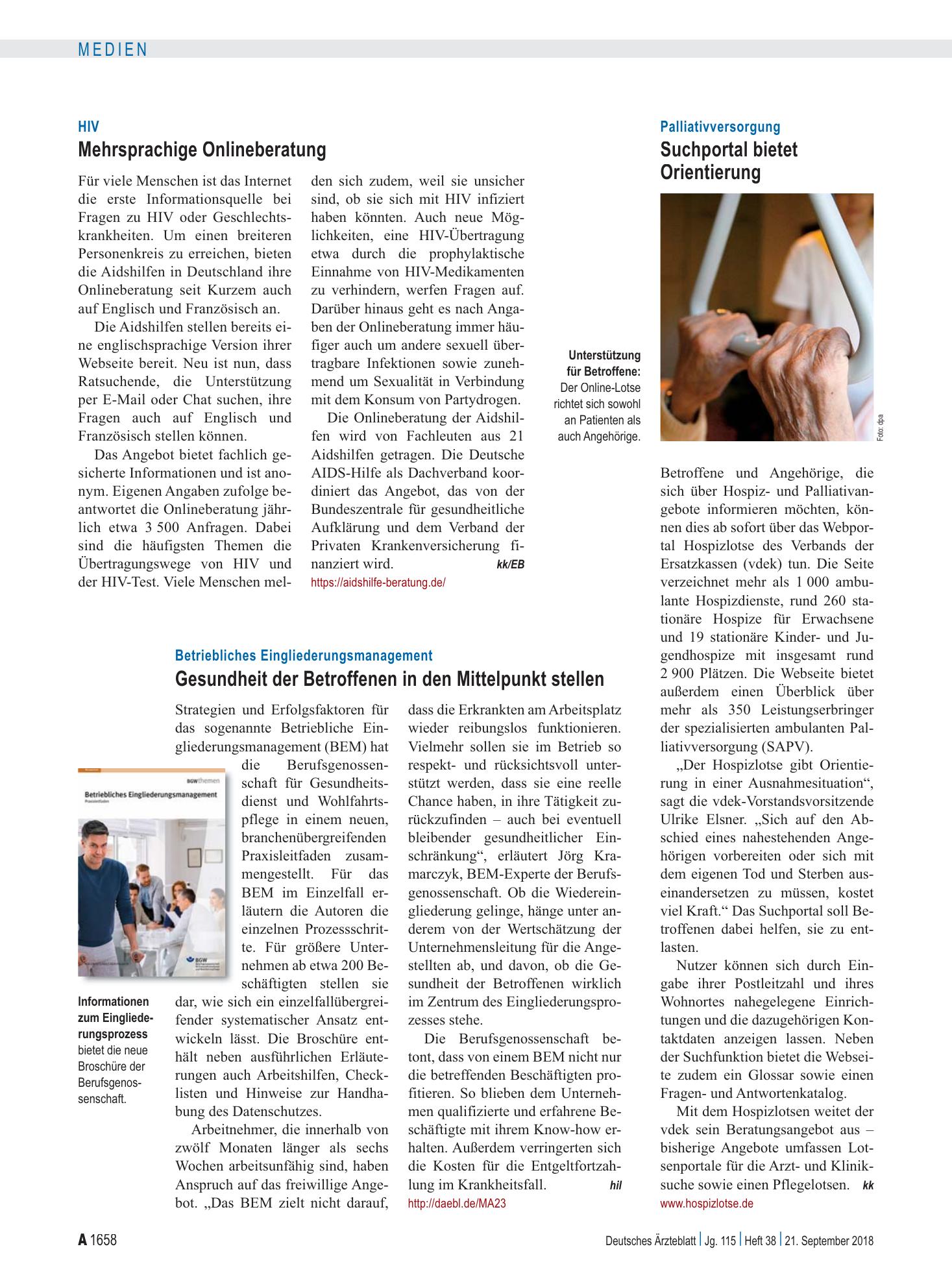 Vorschauseite 1: HIV: Mehrsprachige Onlineberatung – Deutsches Ärzteblatt