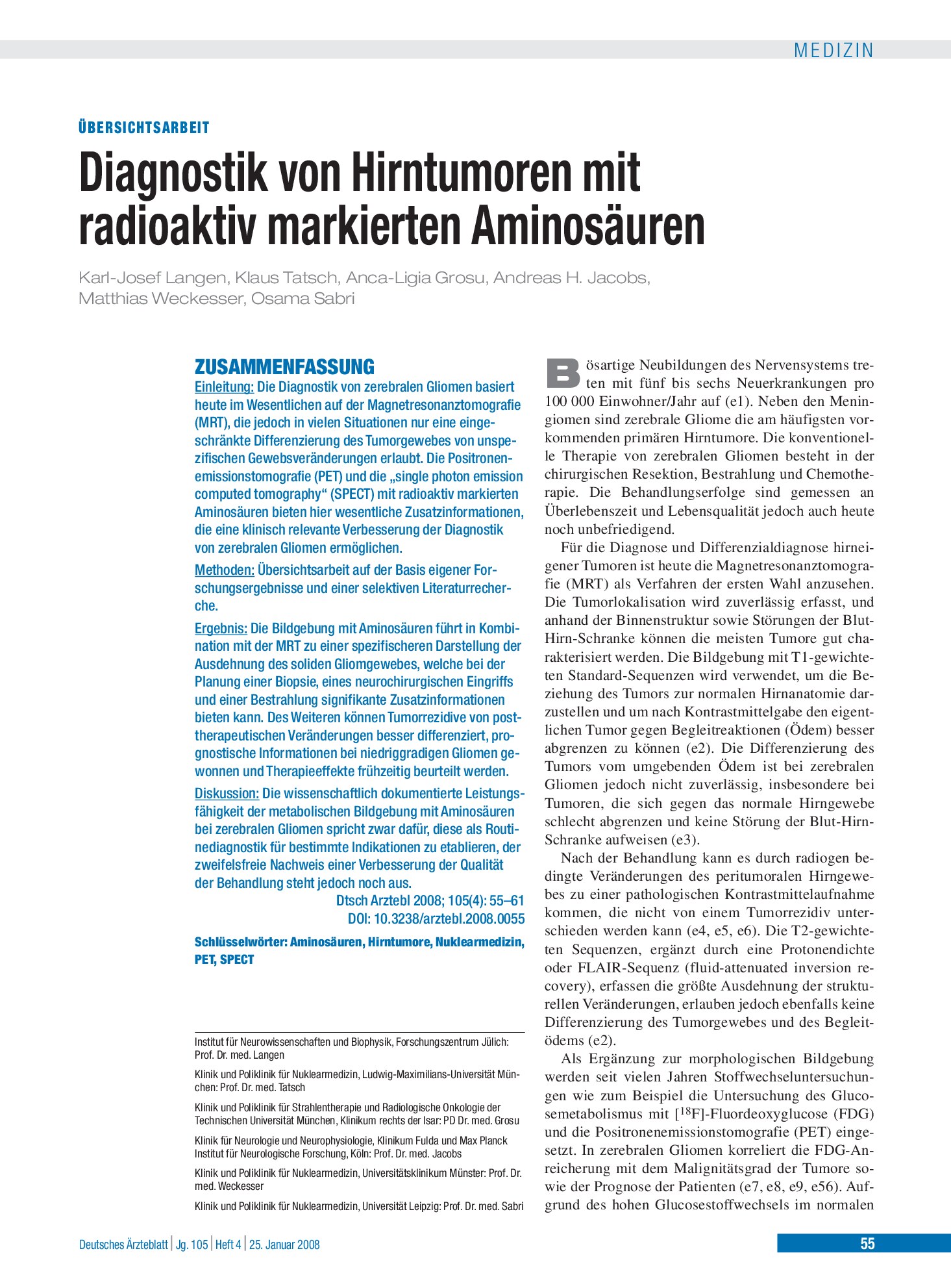 Vorschauseite 1: Diagnostik von Hirntumoren mit radioaktiv markierten Aminosäuren – Deutsches Ärzteblatt