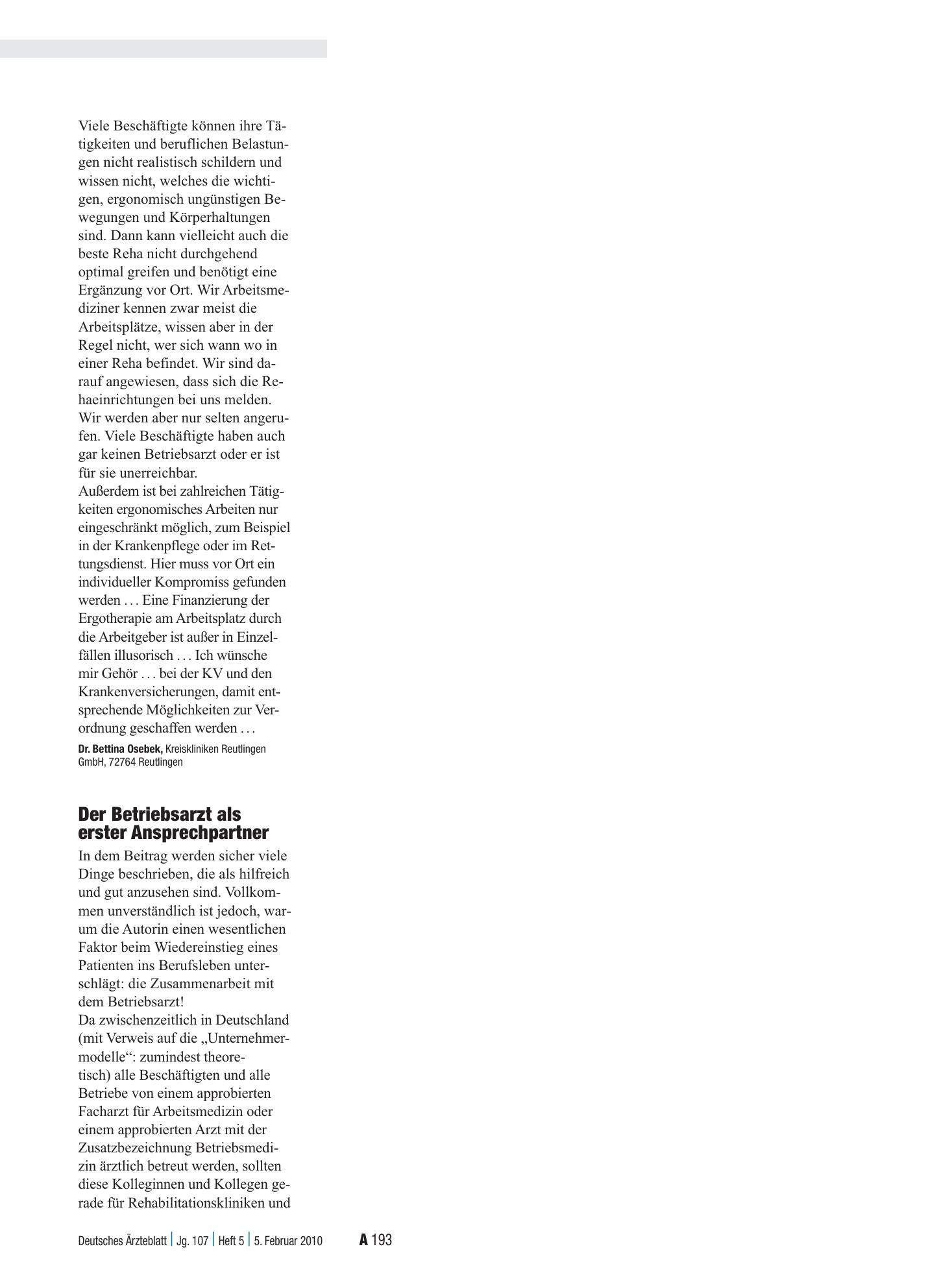 Vorschauseite 1: Rehabilitation: Der Betriebsarzt als erster Ansprechpartner – Deutsches Ärzteblatt