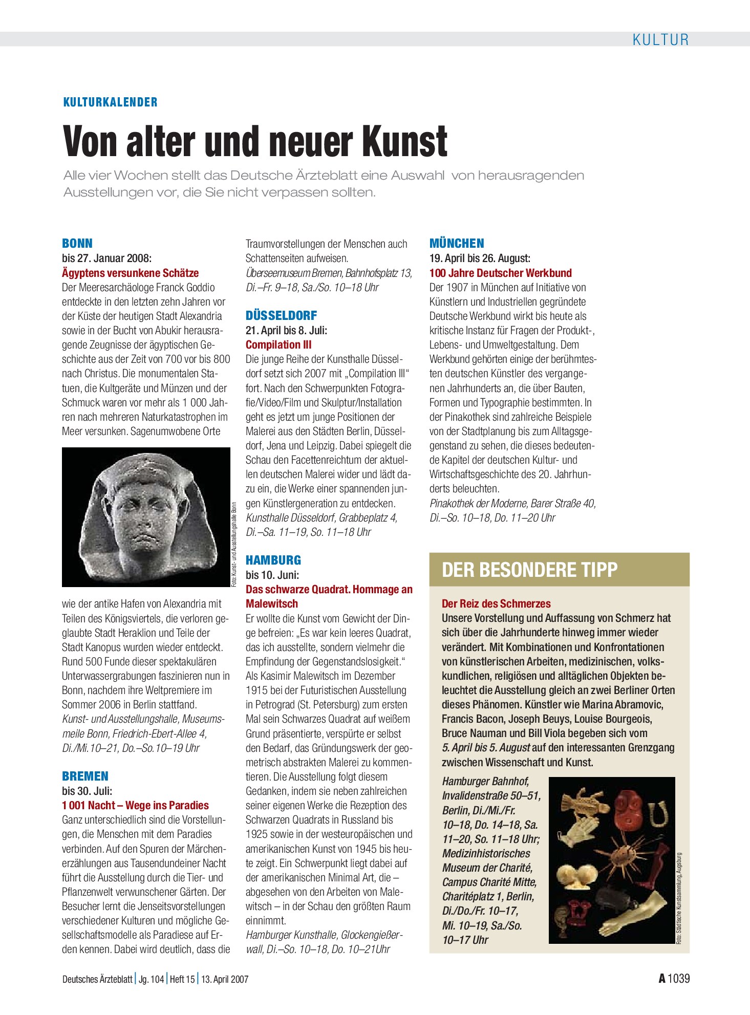 Vorschauseite 1: Kulturkalender: Von alter und neuer Kunst – Deutsches Ärzteblatt