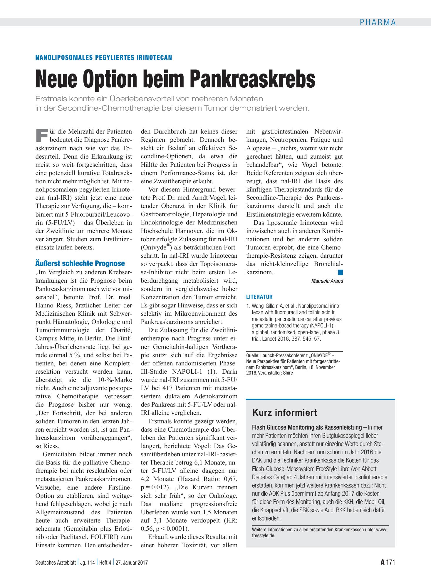 Vorschauseite 1: Nanoliposomales pegyliertes Irinotecan: Neue Option beim Pankreaskrebs – Deutsches Ärzteblatt