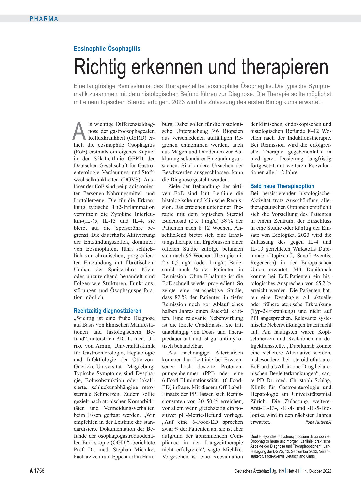 Vorschauseite 1: Eosinophile Ösophagitis: Richtig erkennen und therapieren – Deutsches Ärzteblatt
