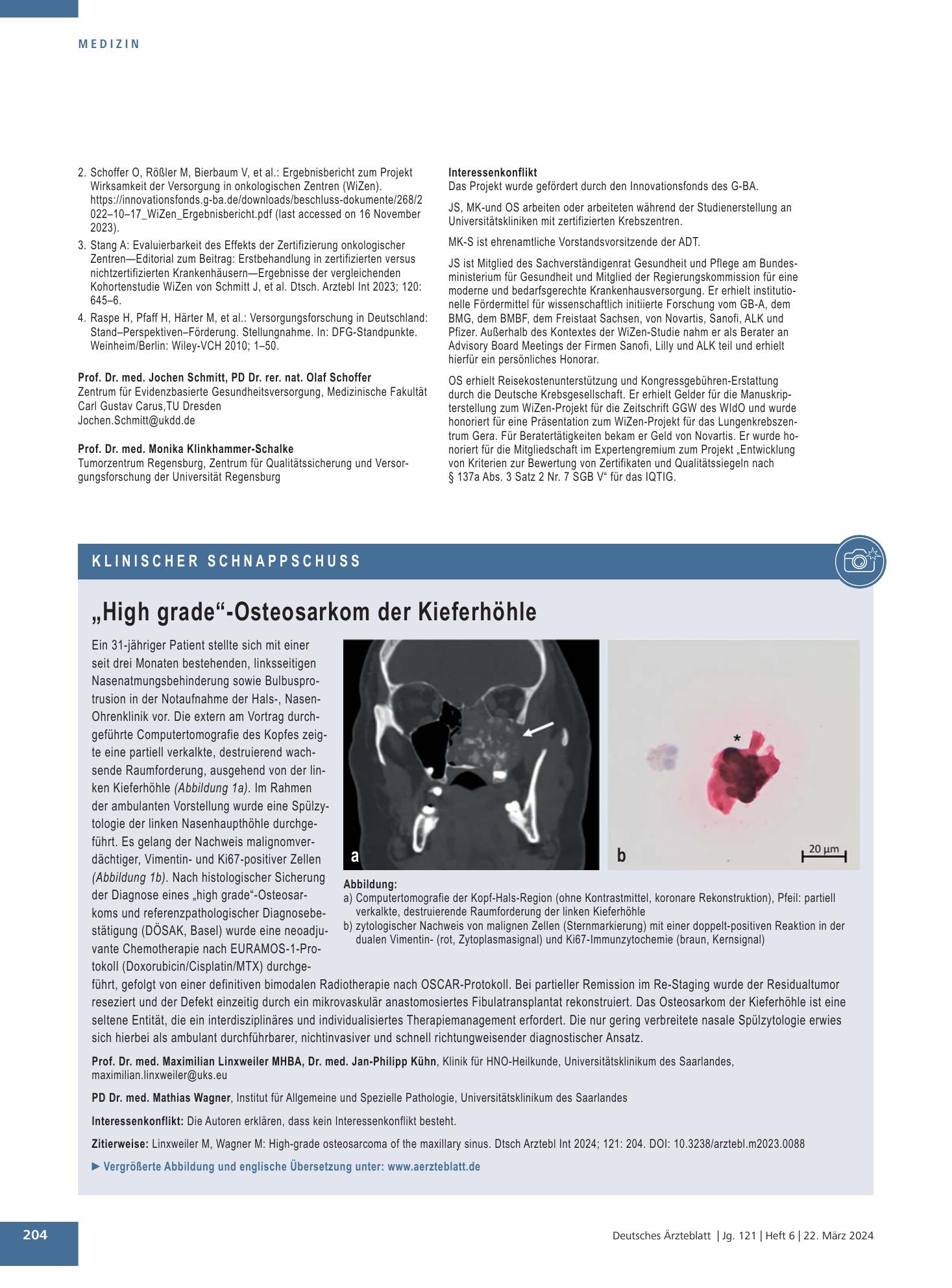 Vorschauseite 1: „High grade“-Osteosarkom der Kieferhöhle – Deutsches Ärzteblatt
