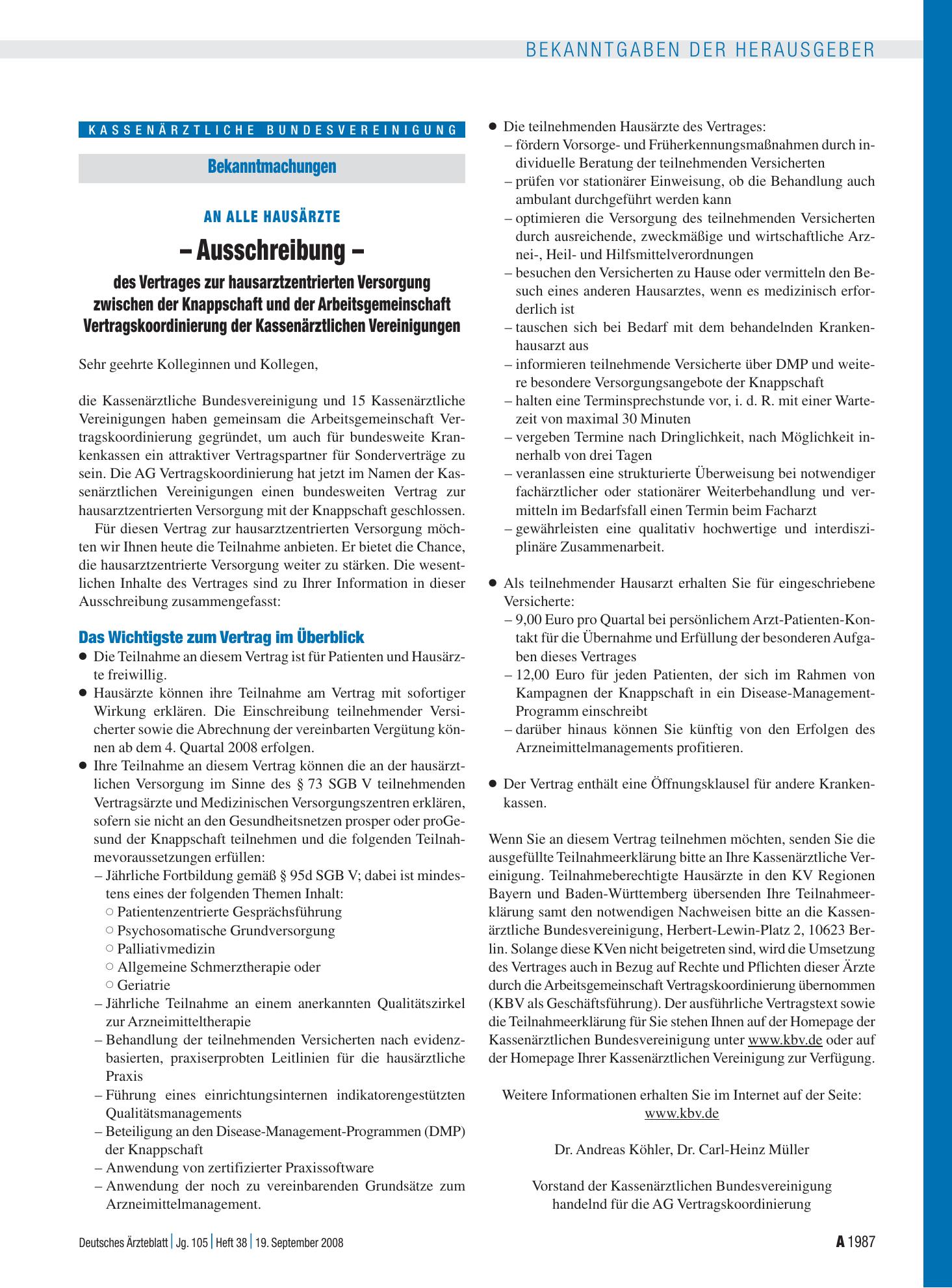 Vorschauseite 1: An alle Hausärzte – Ausschreibung – des Vertrages zur hausarztzentrierten Versorgung zwischen der Knappschaft und der Arbeitsgemeinschaft Vertragskoordinierung der Kassenärztliche…