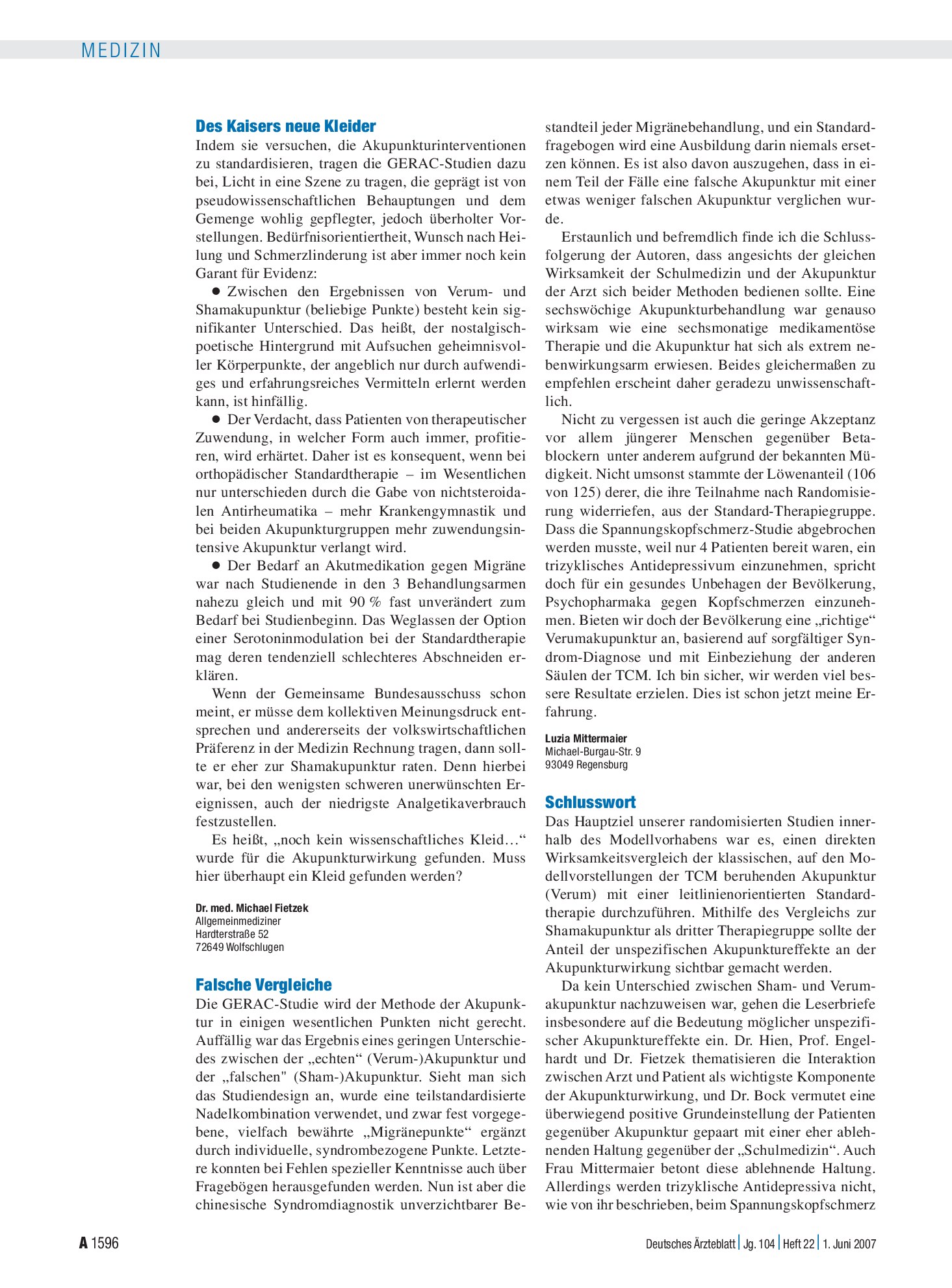 Vorschauseite 1: Akupunktur bei chronischen Schmerzen: Schlusswort – Deutsches Ärzteblatt