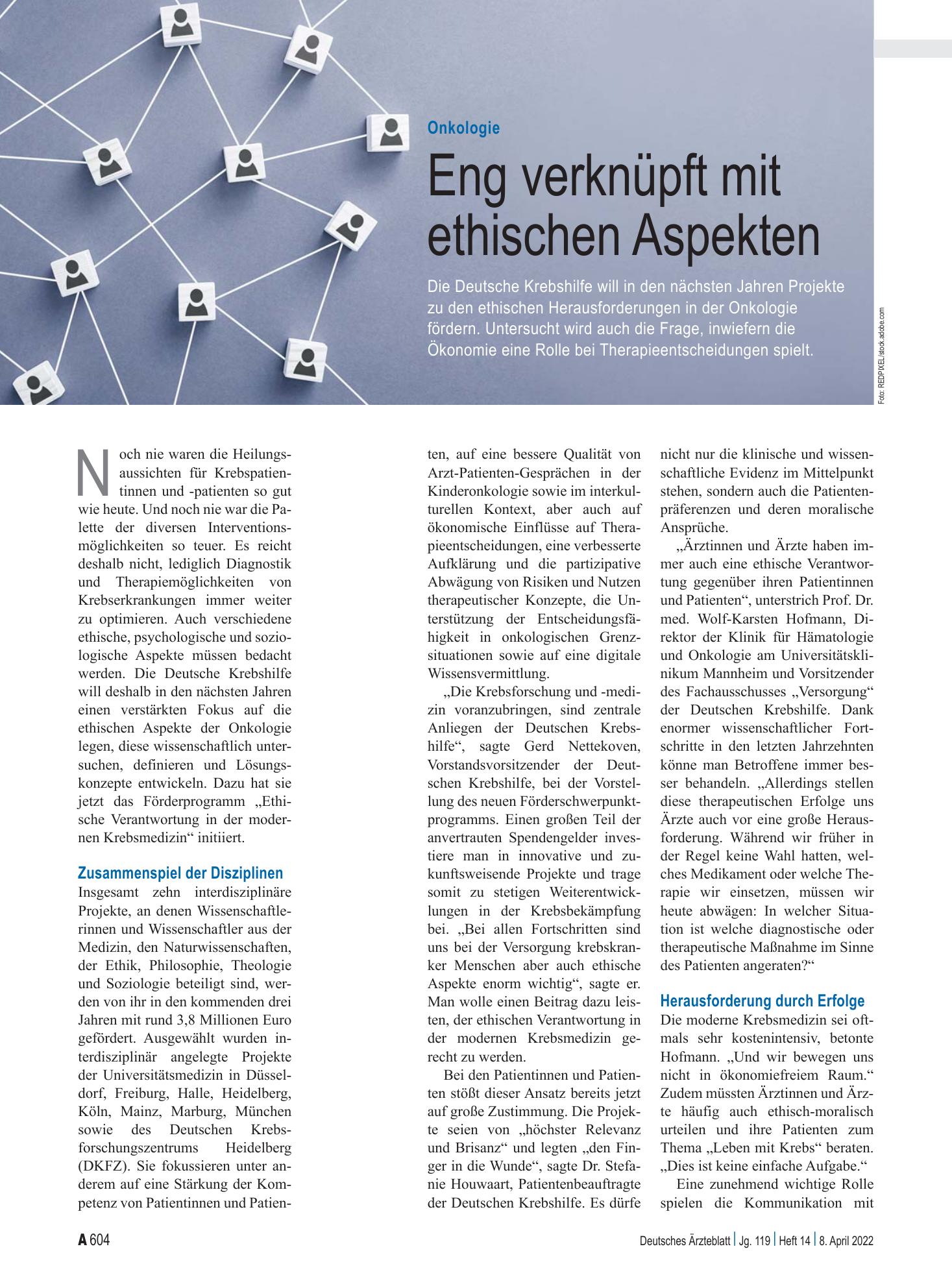 Vorschauseite 1: Onkologie: Eng verknüpft mit ethischen Aspekten – Deutsches Ärzteblatt