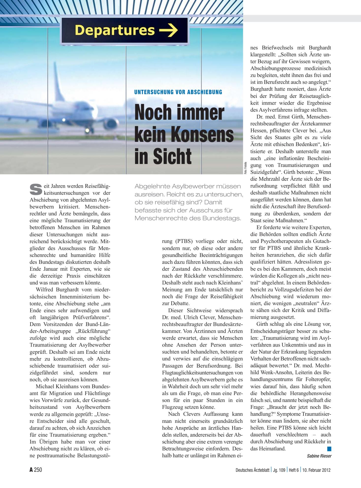 Vorschauseite 1: Untersuchung vor Abschiebung: Noch immer kein Konsens in Sicht – Deutsches Ärzteblatt