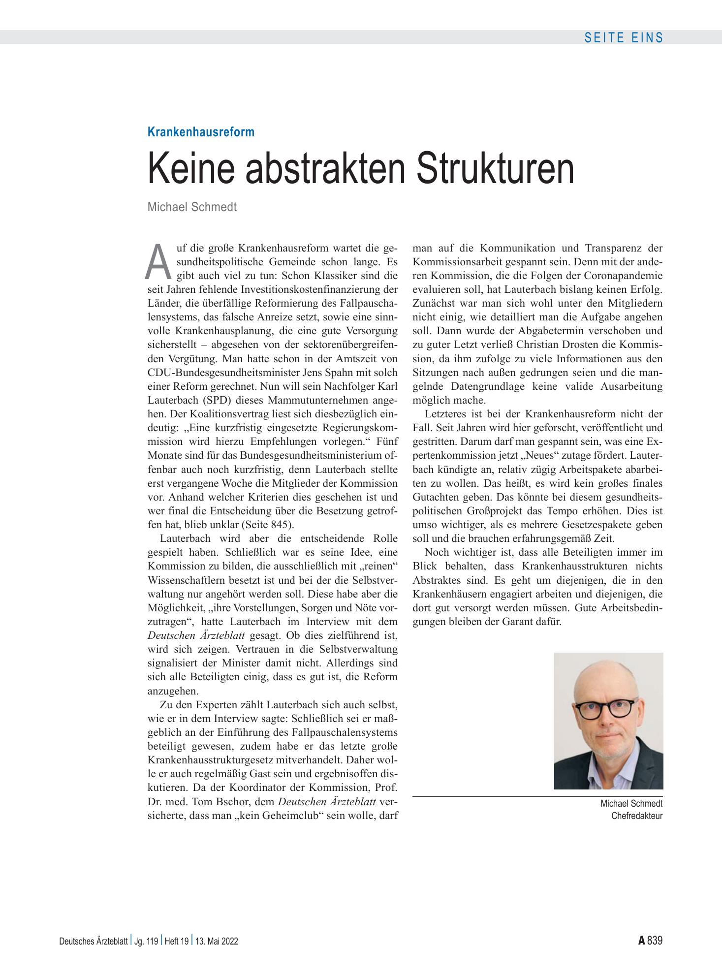 Vorschauseite 1: Krankenhausreform: Keine abstrakten Strukturen – Deutsches Ärzteblatt