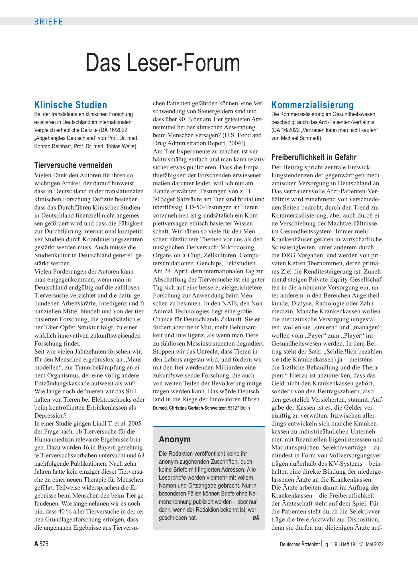 Vorschauseite 1: Klinische Studien: Tierversuche vermeiden – Deutsches Ärzteblatt