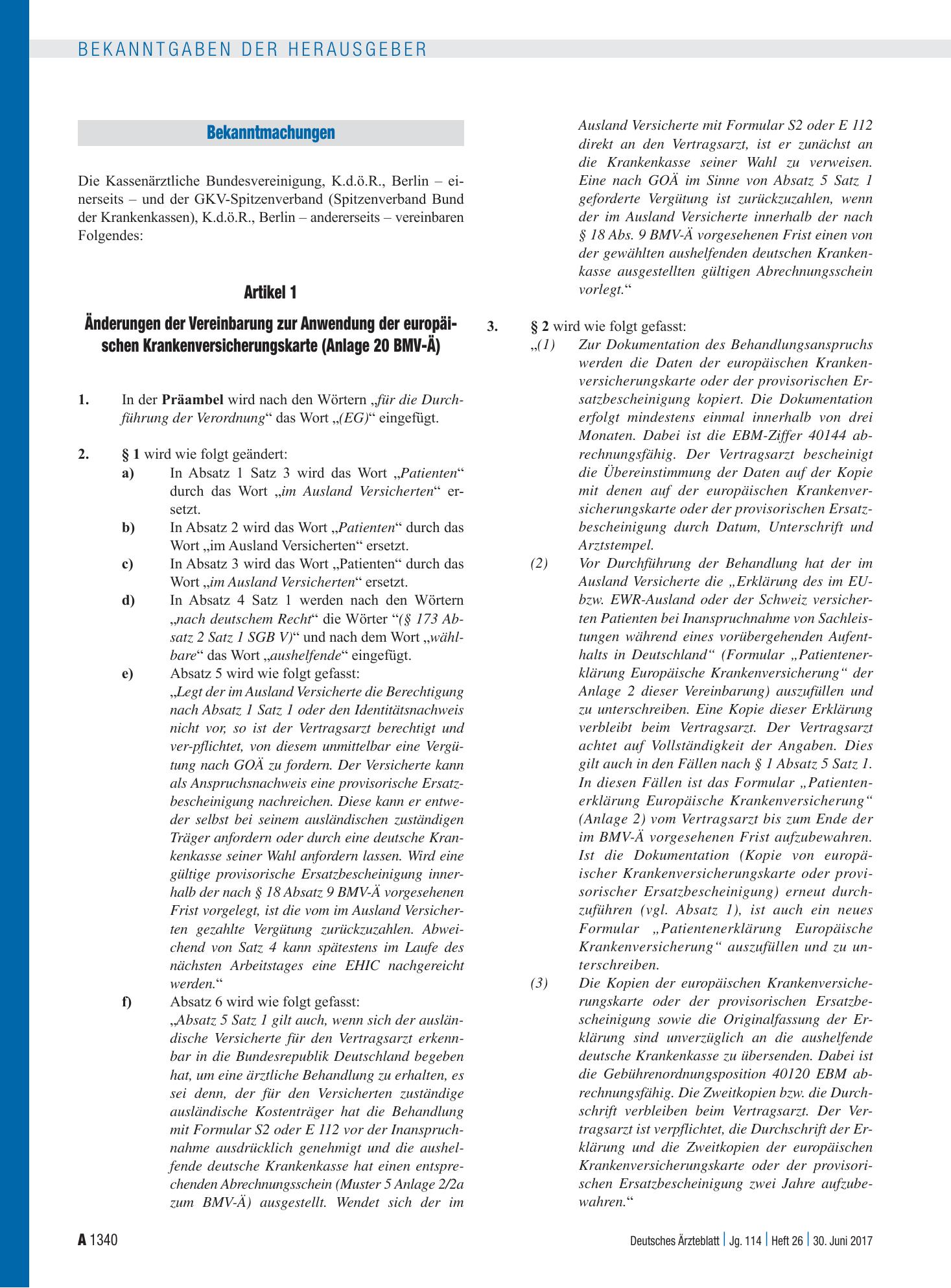 Vorschauseite 1: Artikel 1 – Änderungen der Vereinbarung zur Anwendung der europäischen Krankenversicherungskarte (Anlage 20 BMV-Ä) und Artikel 2 – Inkrafttreten – Deutsches Ärzteblatt