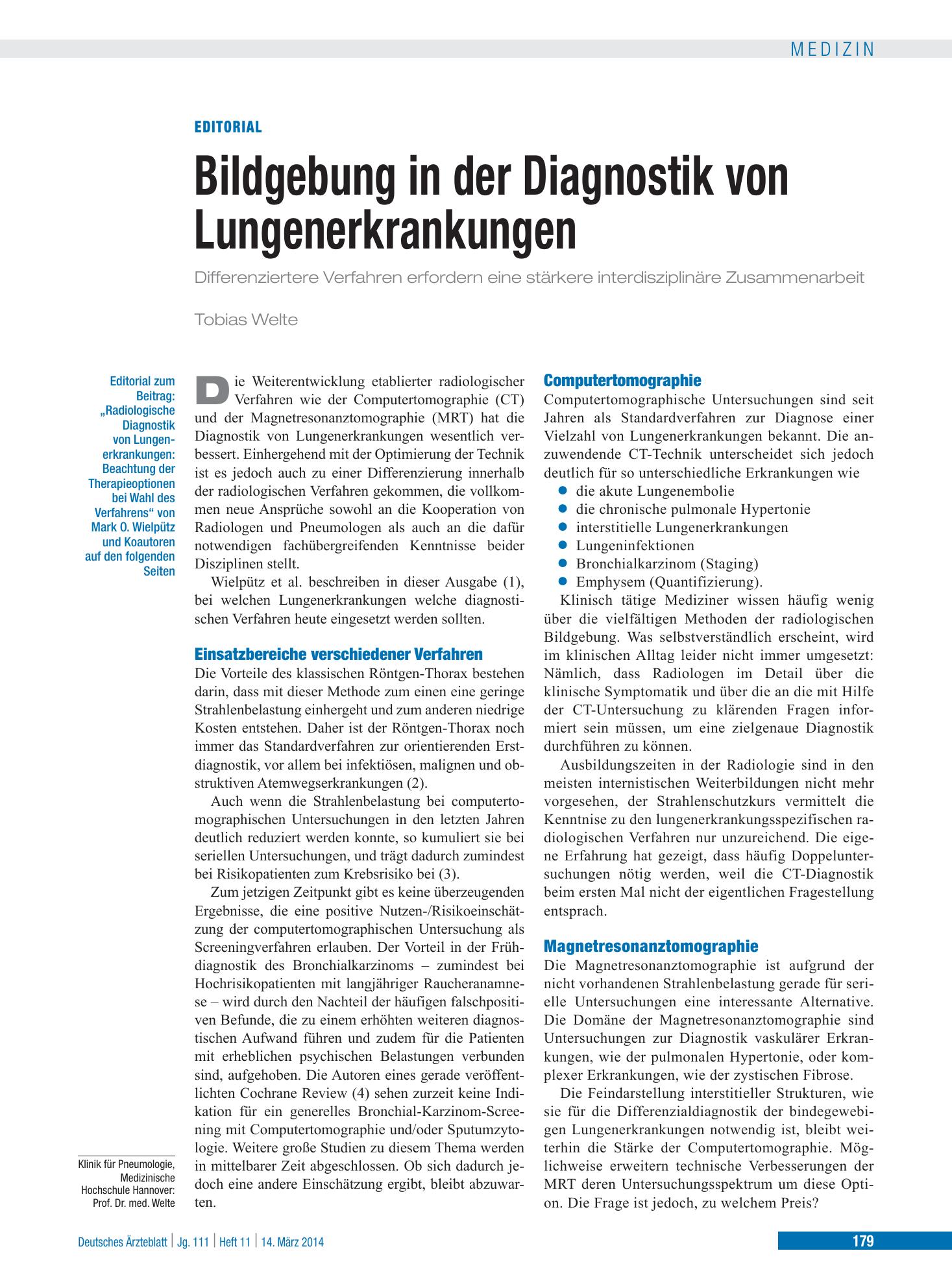 Vorschauseite 1: Bildgebung in der Diagnostik von Lungenerkrankungen – Deutsches Ärzteblatt