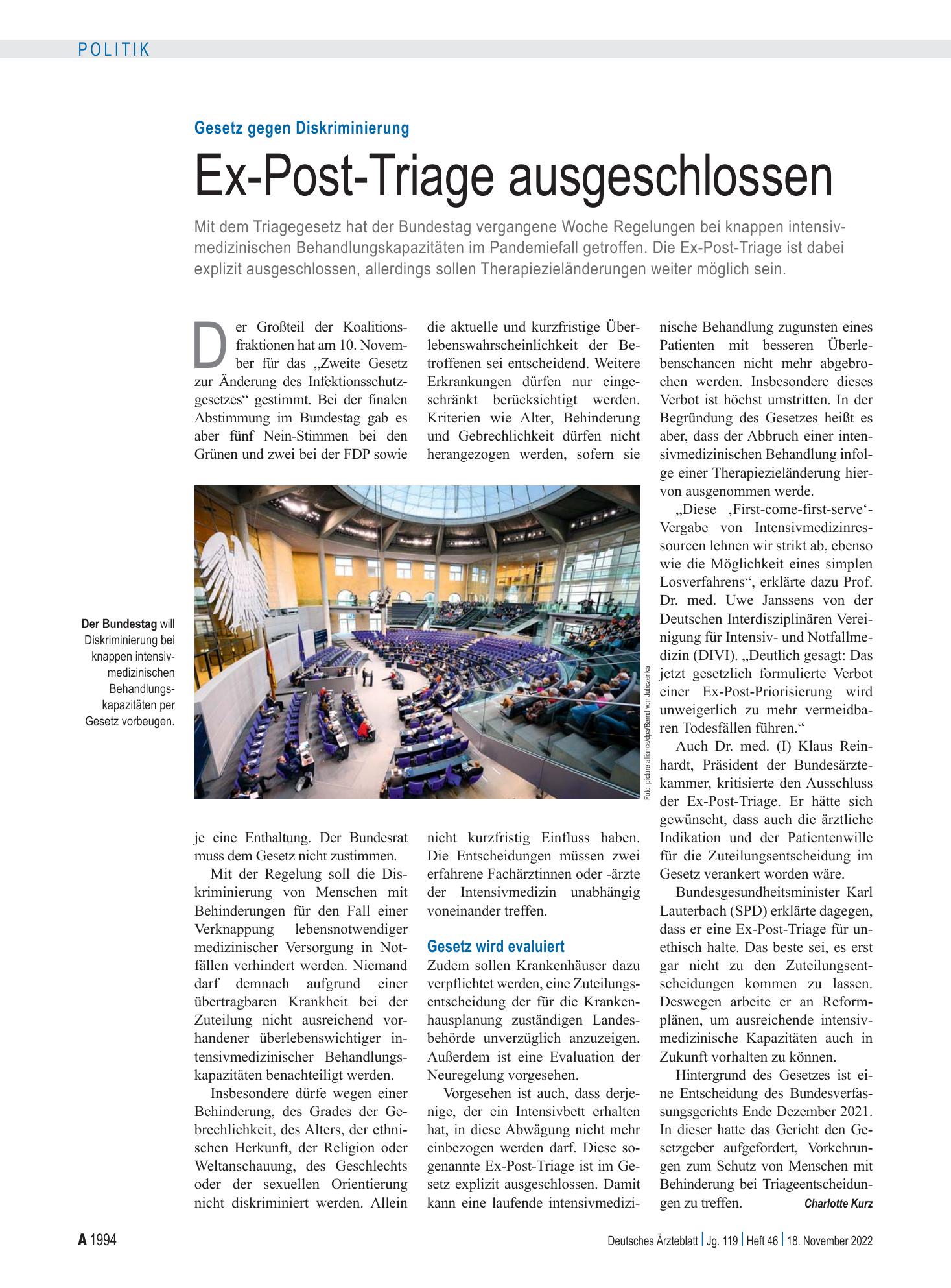 Vorschauseite 1: Gesetz gegen Diskriminierung: Ex-Post-Triage ausgeschlossen – Deutsches Ärzteblatt