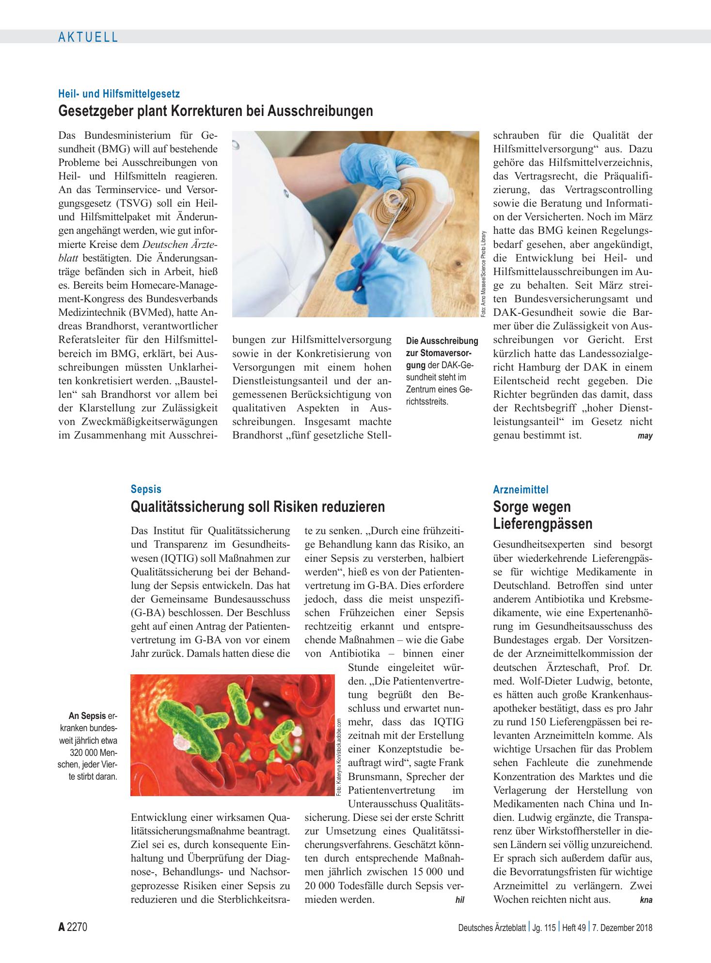 Vorschauseite 1: Sepsis: Qualitätssicherung soll Risiken reduzieren – Deutsches Ärzteblatt