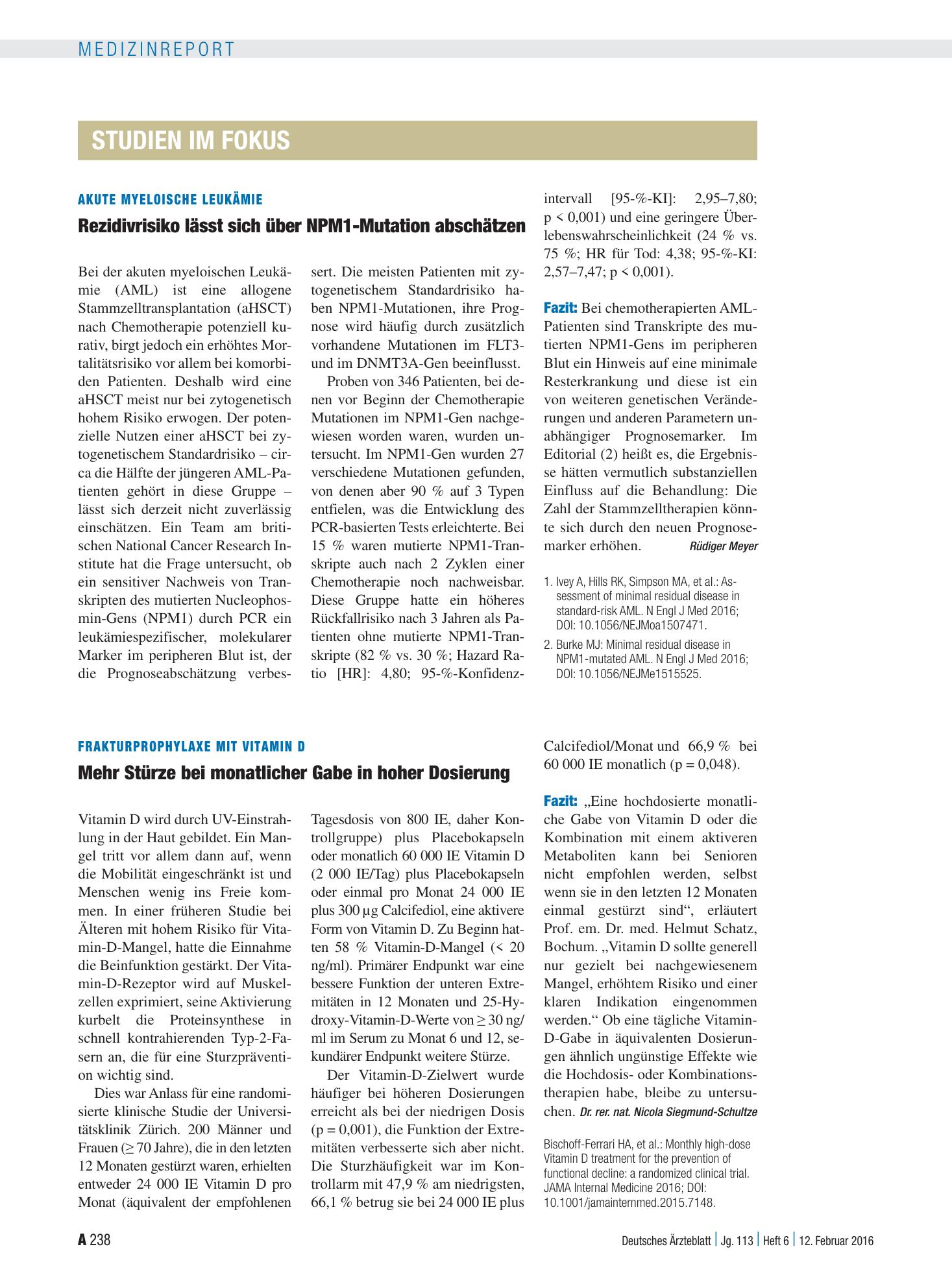Vorschauseite 1: Akute myeloische Leukämie: Rezidivrisiko lässt sich über NPM1-Mutation abschätzen – Deutsches Ärzteblatt
