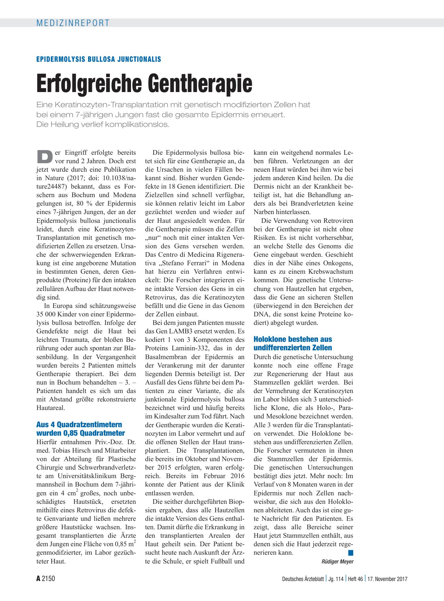 Vorschauseite 1: Epidermolysis bullosa junctionalis: Erfolgreiche Gentherapie – Deutsches Ärzteblatt