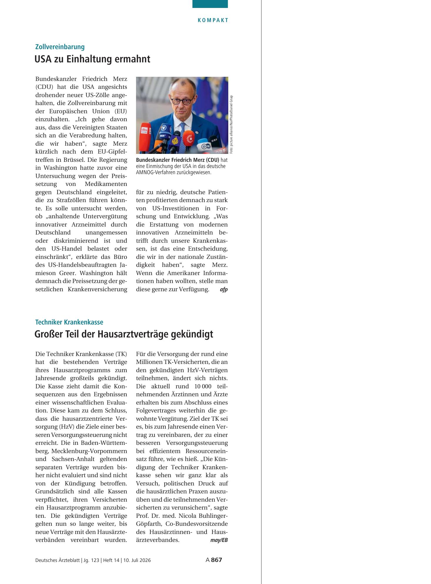 Vorschauseite 1: Zollvereinbarung: USA zu Einhaltung ermahnt – Deutsches Ärzteblatt
