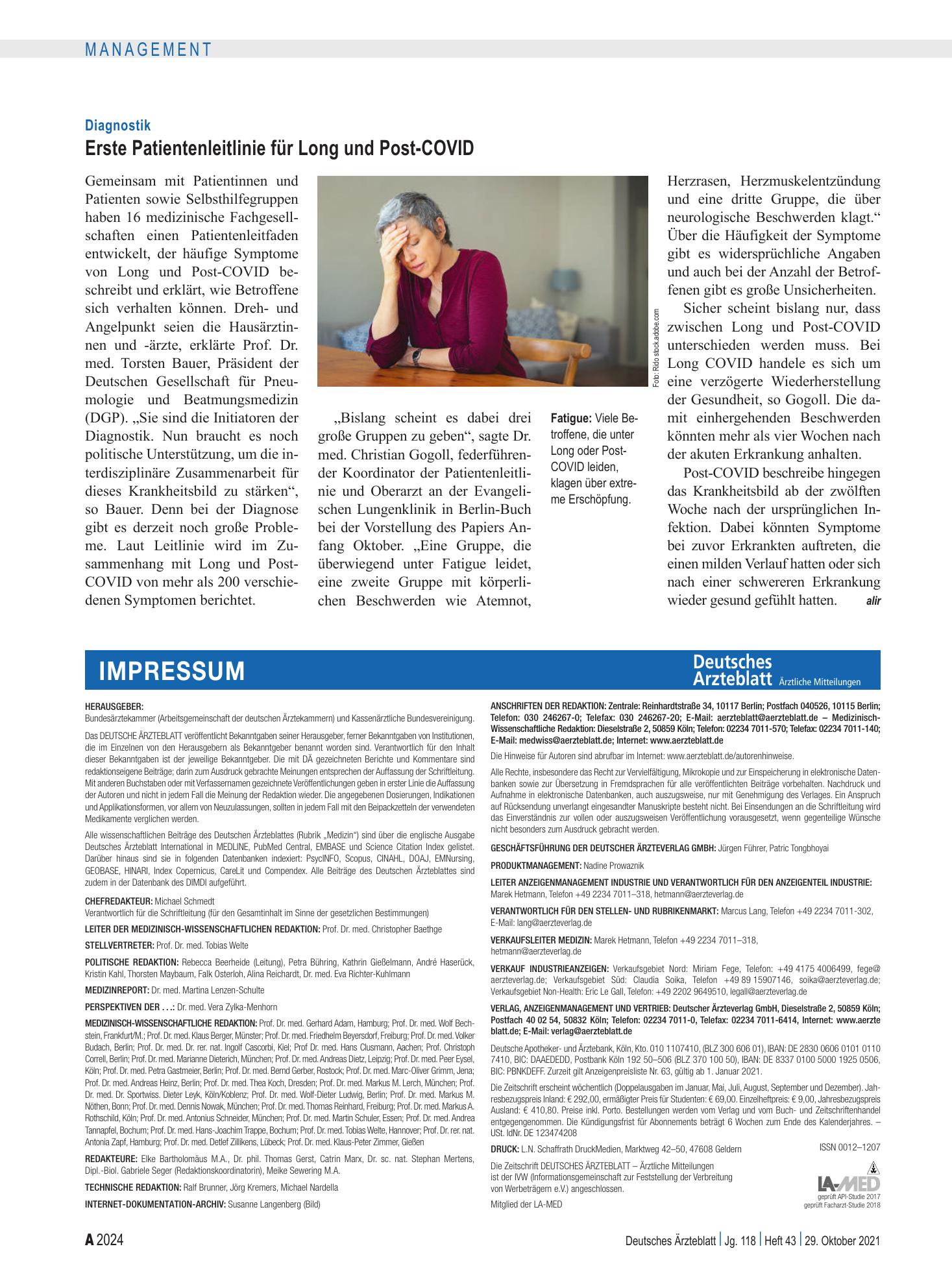 Vorschauseite 1: Diagnostik: Erste Patientenleitlinie für Long und Post-COVID – Deutsches Ärzteblatt