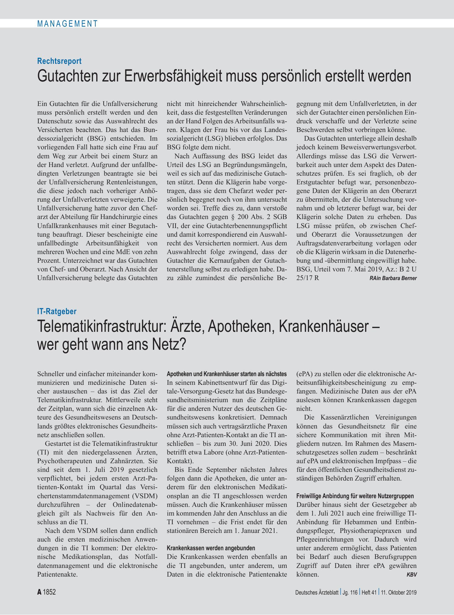 Vorschauseite 1: IT-Ratgeber: Telematikinfrastruktur: Ärzte, Apotheken, Krankenhäuser – wer geht wann ans Netz? – Deutsches Ärzteblatt