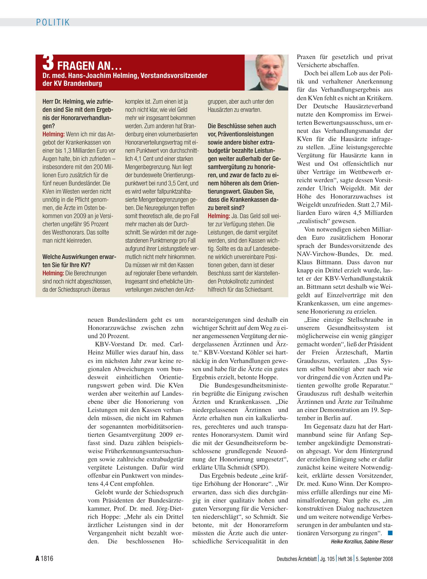 Vorschauseite 1: 3 Fragen an… Dr. med. Hans-Joachim Helming, Vorstandsvorsitzender der KV Brandenburg – Deutsches Ärzteblatt
