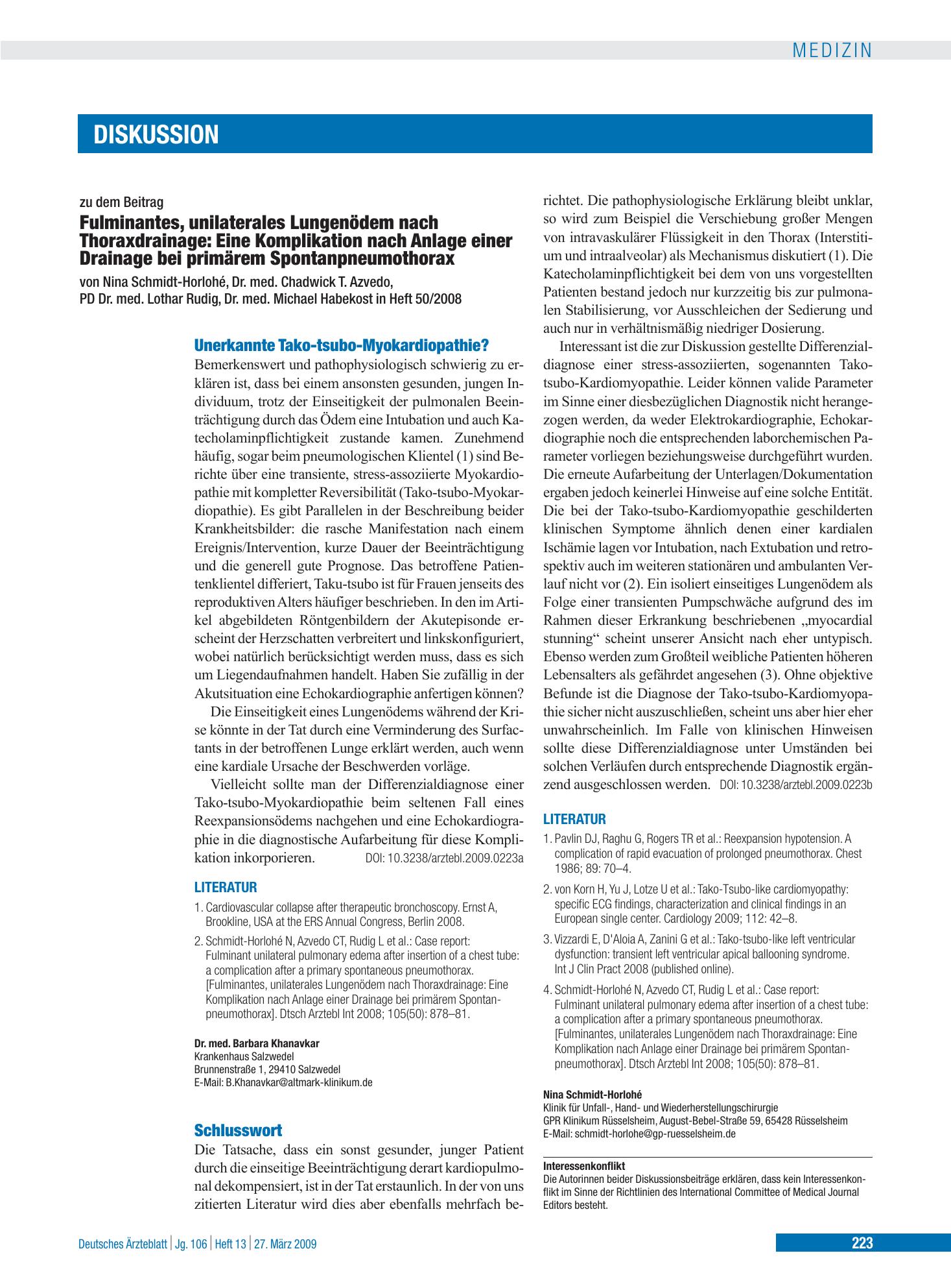 Vorschauseite 1: Fulminantes, unilaterales Lungenödem nach Thoraxdrainage – Eine Komplikation nach Anlage einer Drainage bei primärem Spontanpneumothorax: Unerkannte Tako-tsubo-Myokardiopathie? –…