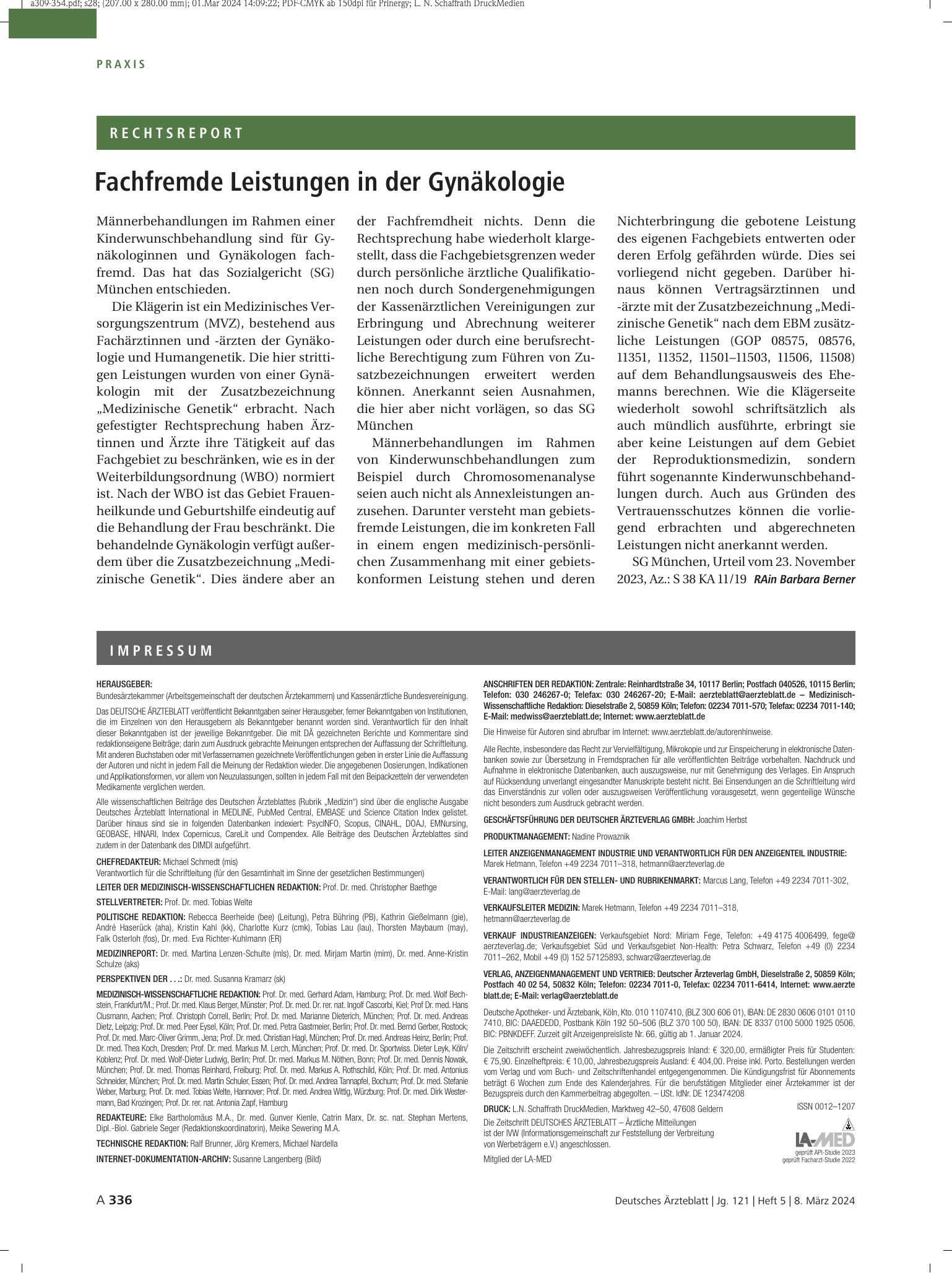 Vorschauseite 1: Fachfremde Leistungen in der Gynäkologie – Deutsches Ärzteblatt