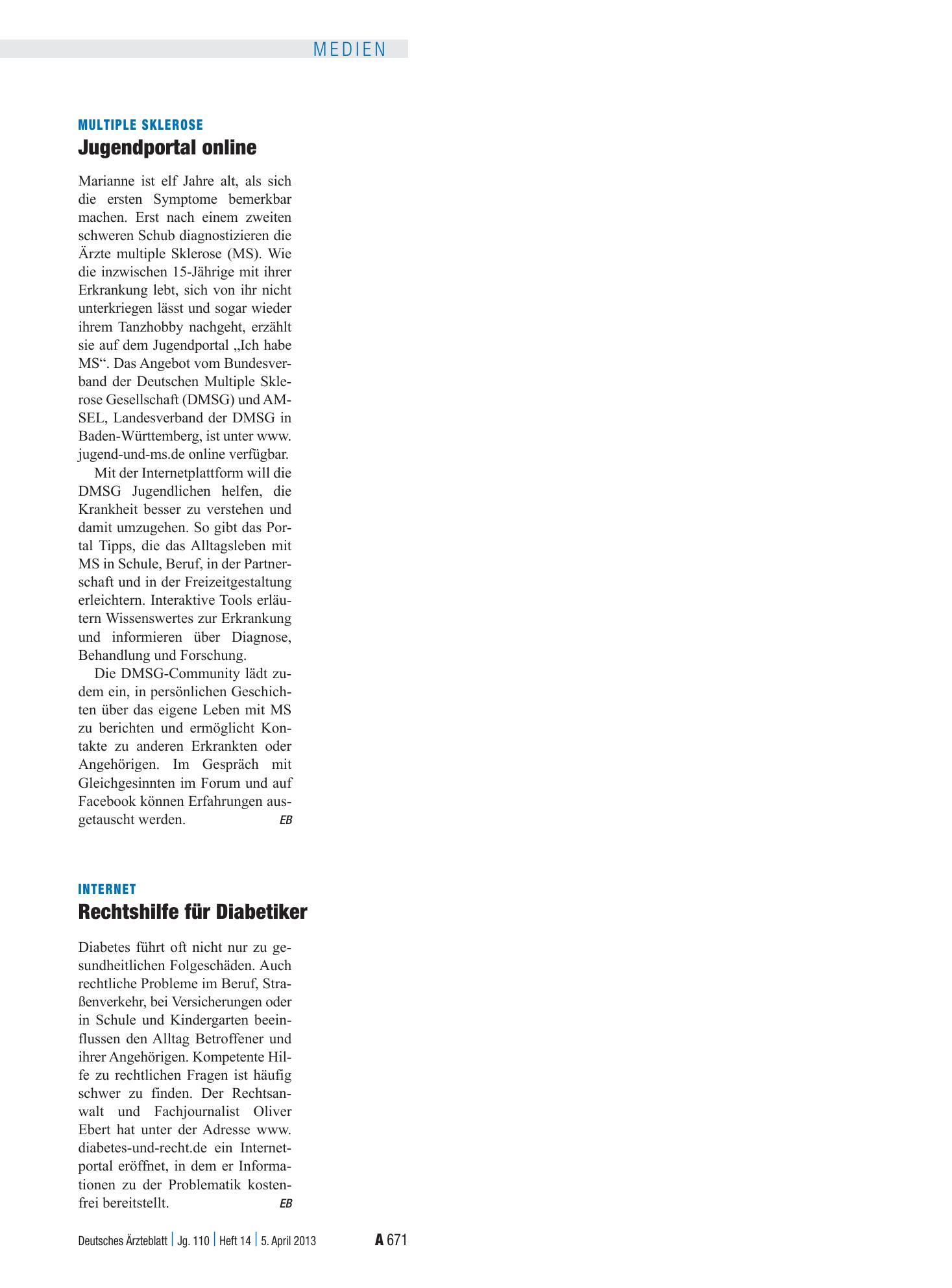 Vorschauseite 1: Internet: Rechtshilfe für Diabetiker – Deutsches Ärzteblatt