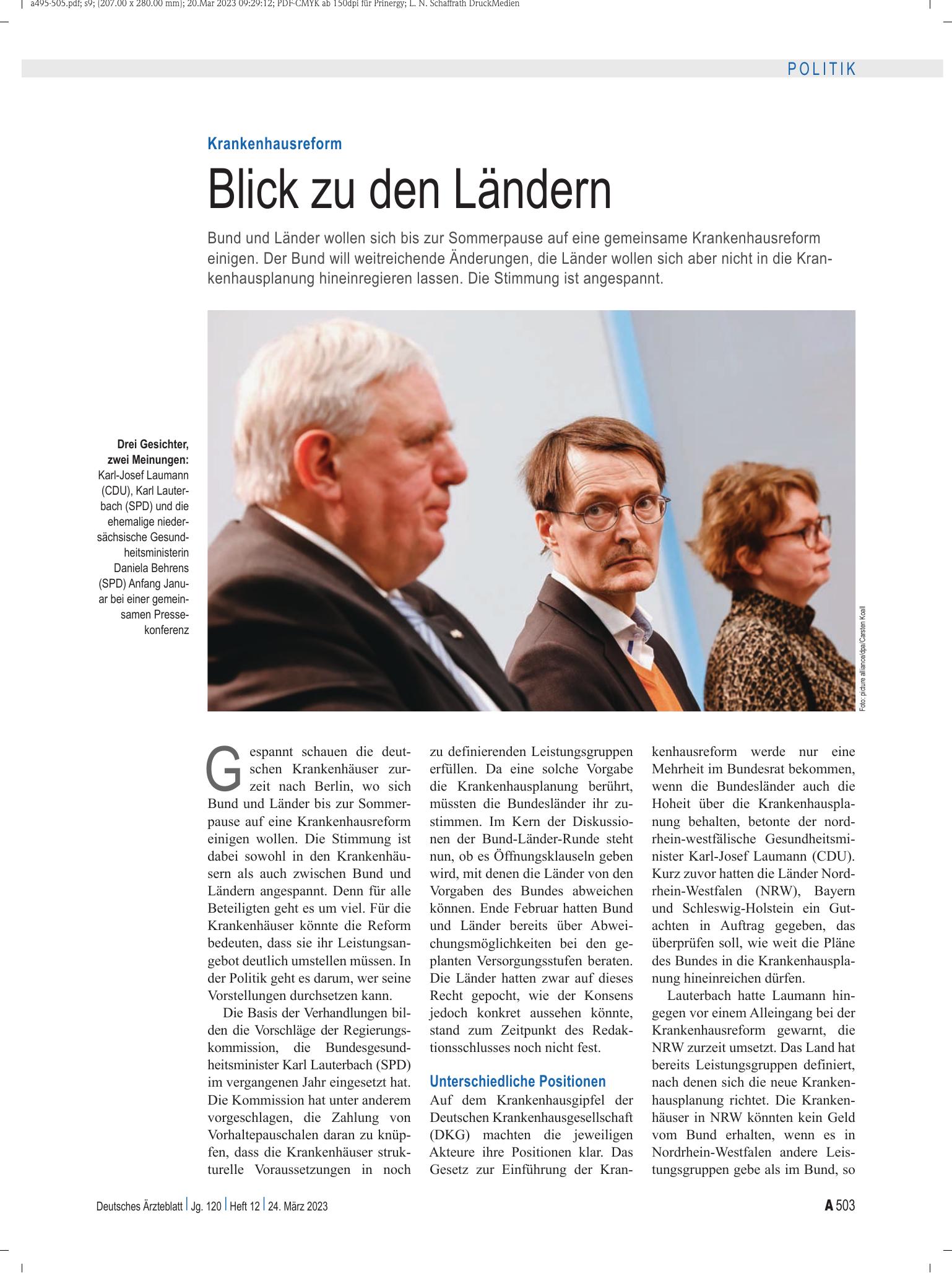 Vorschauseite 1: Krankenhausreform: Blick zu den Ländern – Deutsches Ärzteblatt