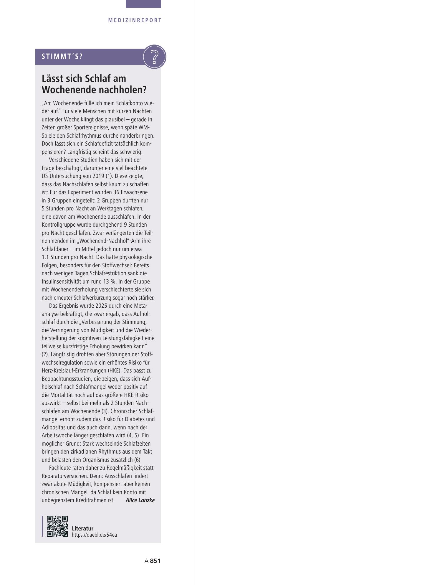 Vorschauseite 1: Lässt sich Schlaf am Wochenende nachholen? – Deutsches Ärzteblatt