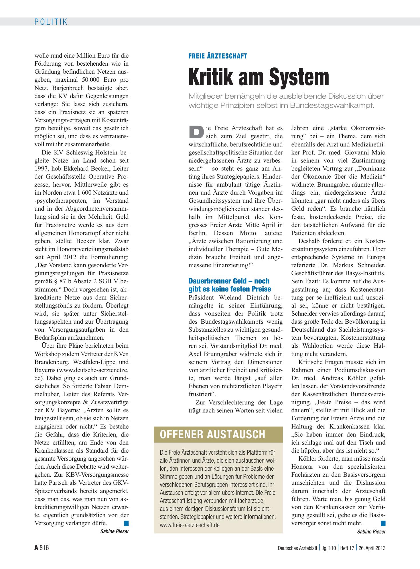 Vorschauseite 1: Freie Ärzteschaft: Kritik am System – Deutsches Ärzteblatt