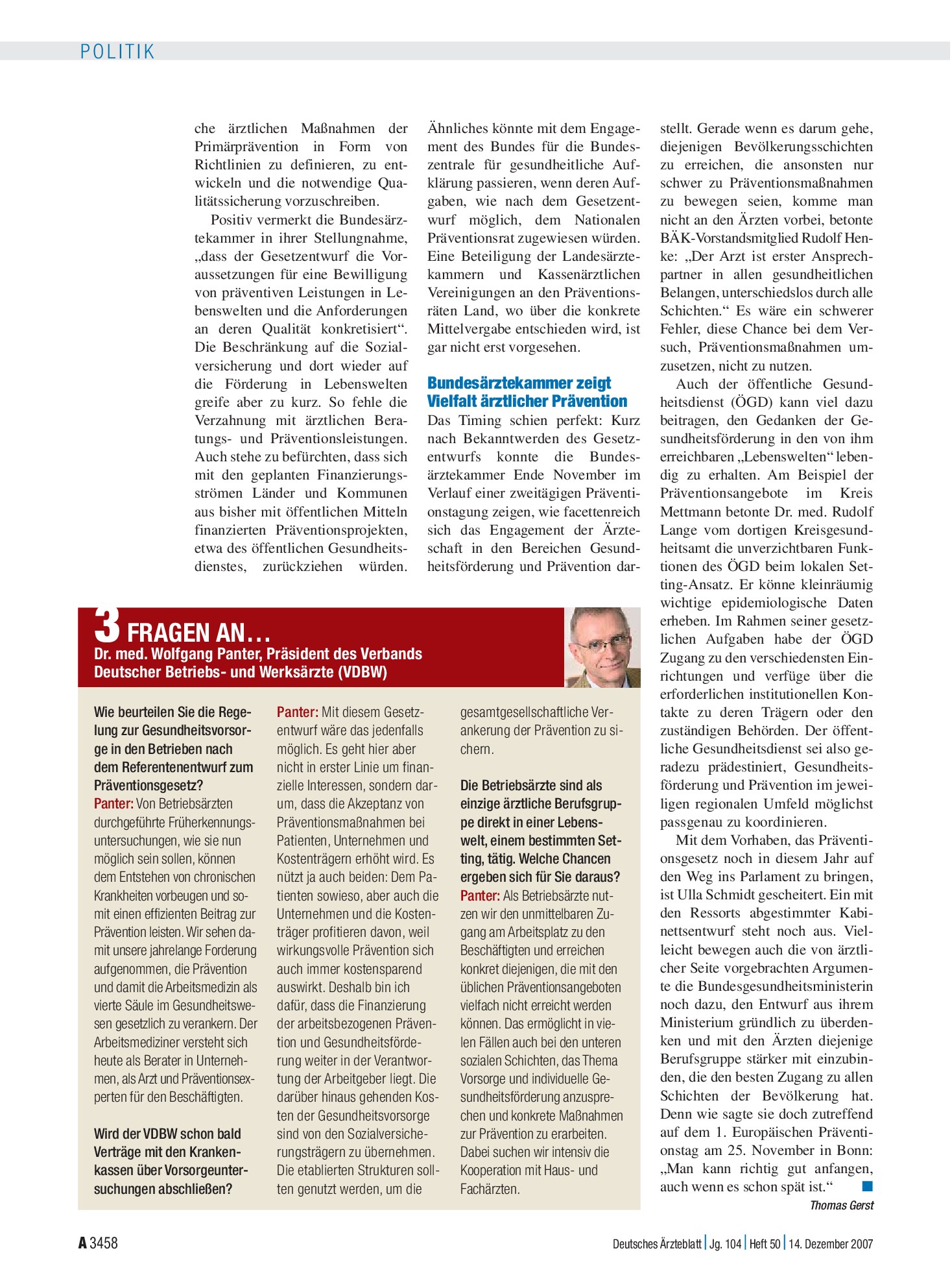 Vorschauseite 1: 3 Fragen an... Dr. med. Wolfgang Panter, Präsident des Verbands Deutscher Betriebs- und Werksärzte (VDBW) – Deutsches Ärzteblatt