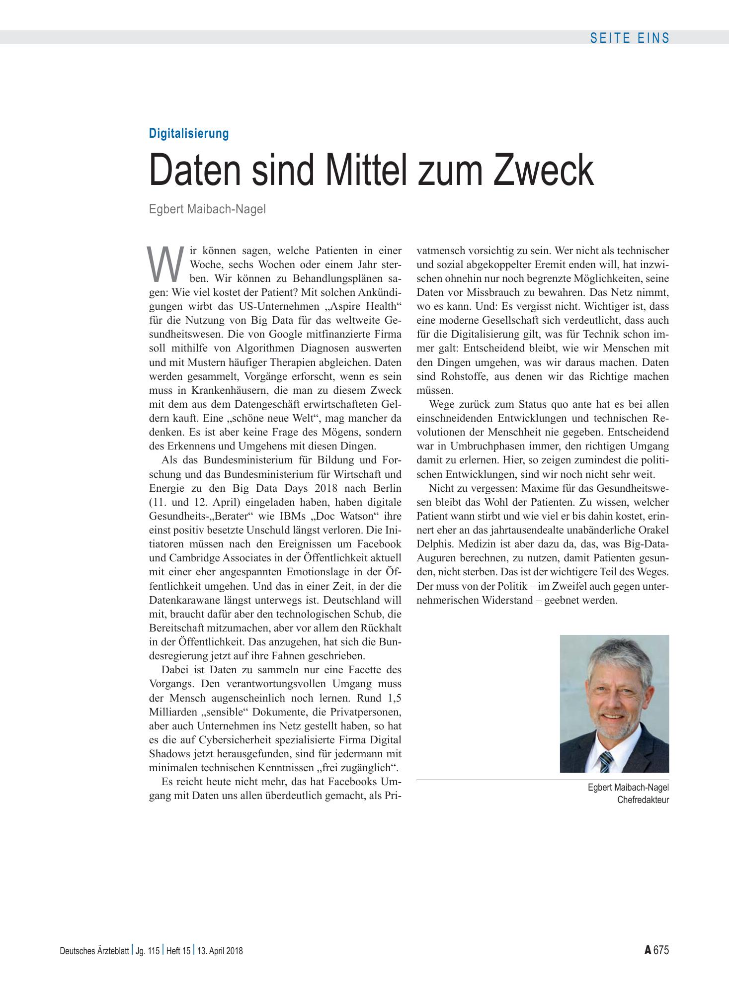 Vorschauseite 1: Digitalisierung: Daten sind Mittel zum Zweck – Deutsches Ärzteblatt