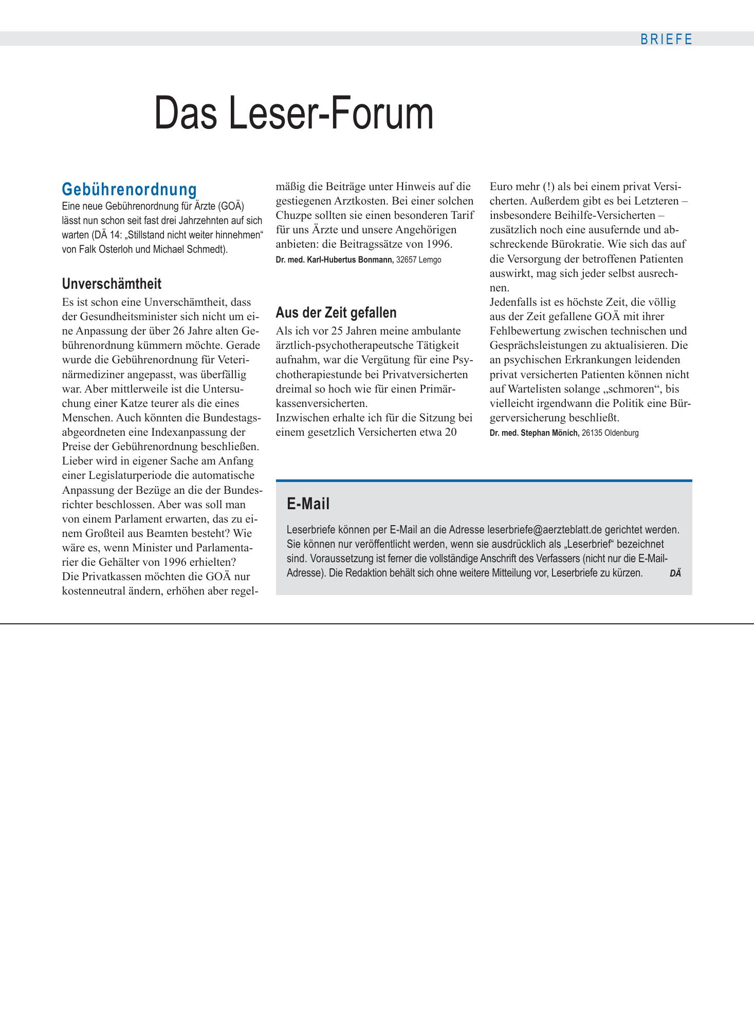 Vorschauseite 1: Gebührenordnung: Unverschämtheit – Deutsches Ärzteblatt