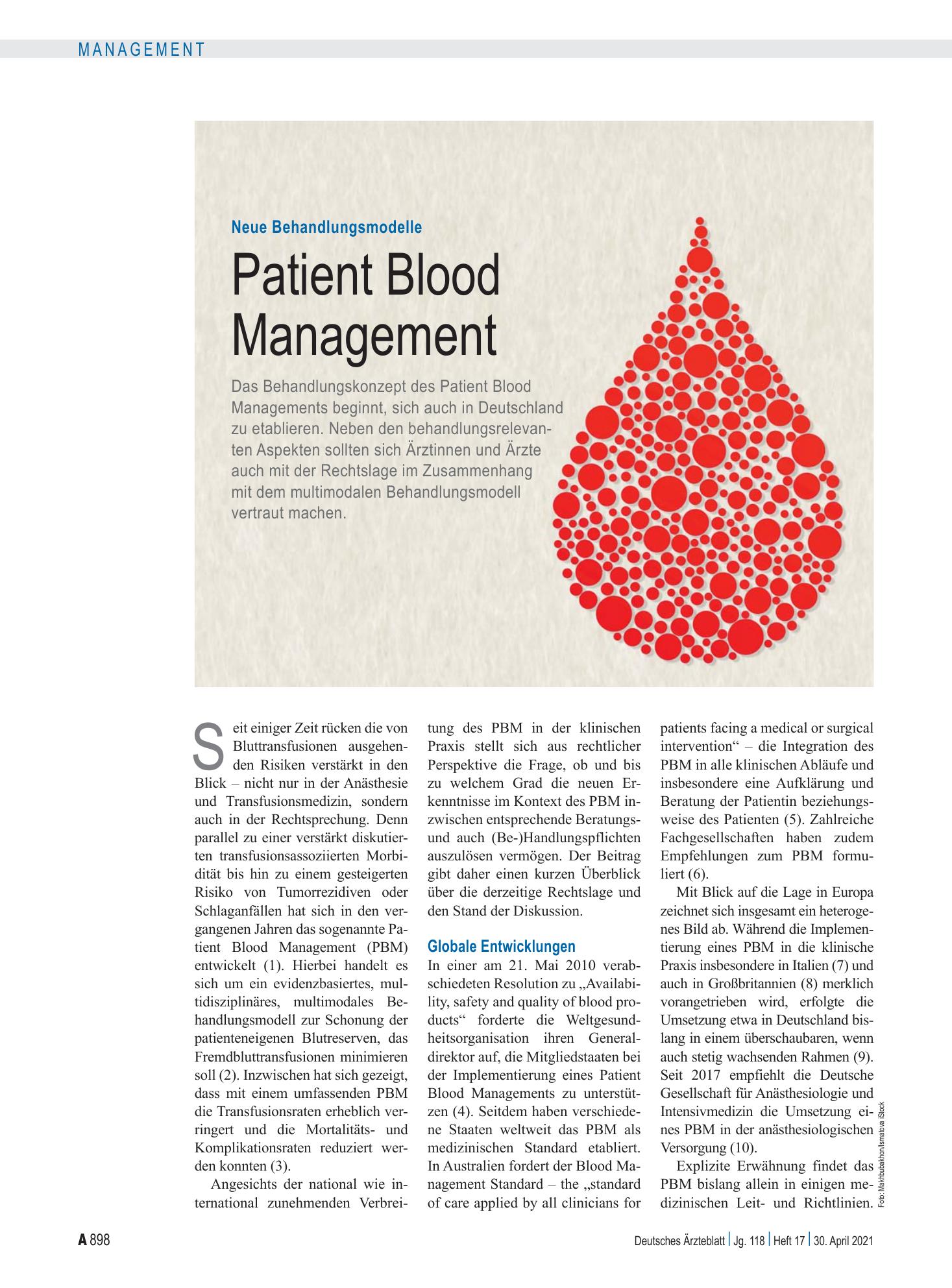 Vorschauseite 1: Neue Behandlungsmodelle: Patient Blood Management – Deutsches Ärzteblatt