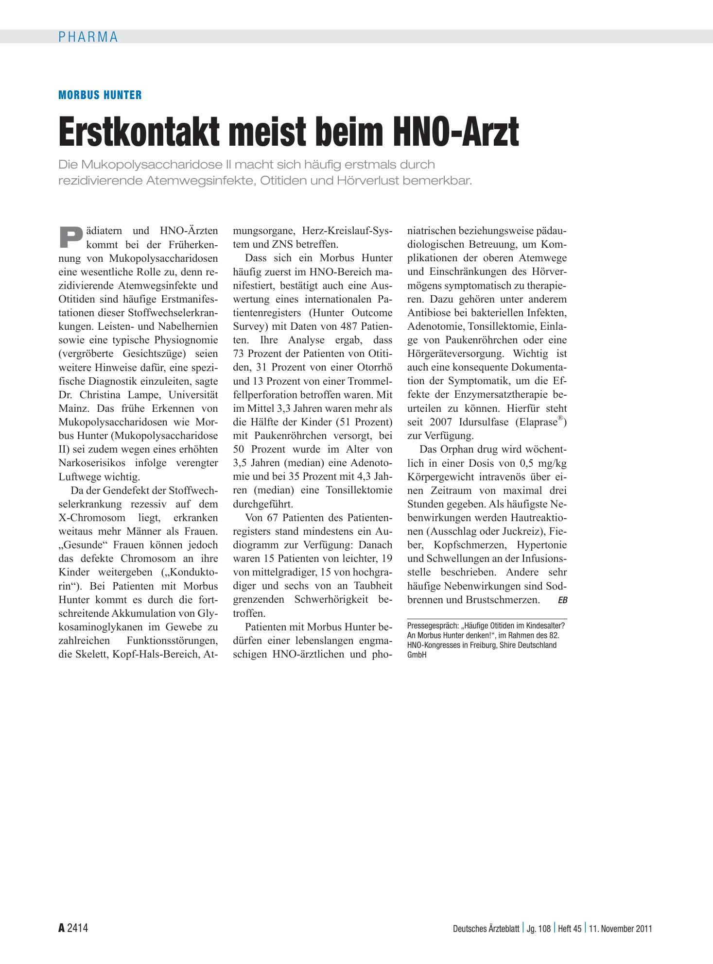 Vorschauseite 1: Morbus Hunter: Erstkontakt meist beim HNO-Arzt – Deutsches Ärzteblatt