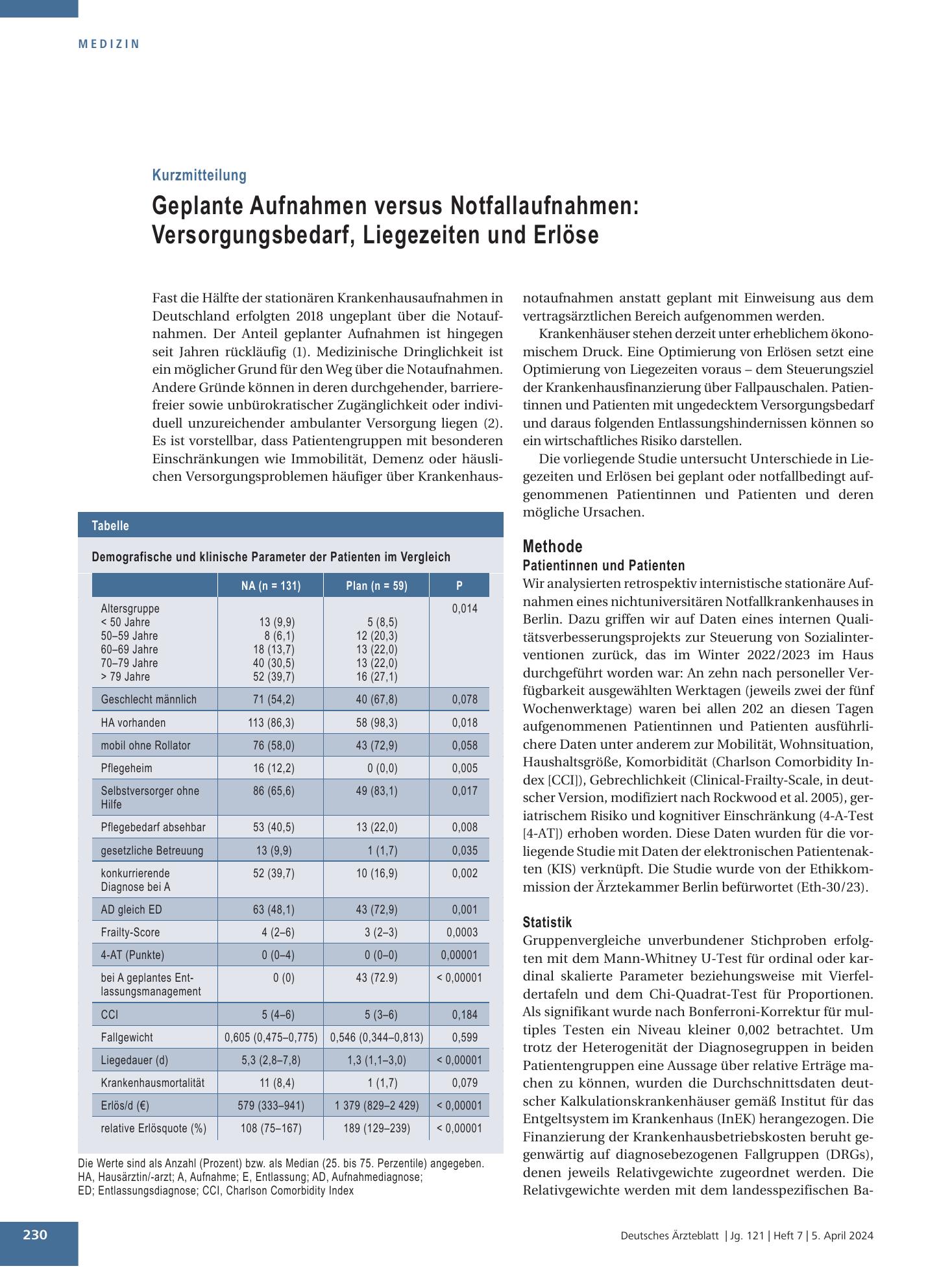 Vorschauseite 1: Geplante Aufnahmen versus Notfallaufnahmen: Versorgungsbedarf, Liegezeiten und Erlöse – Deutsches Ärzteblatt