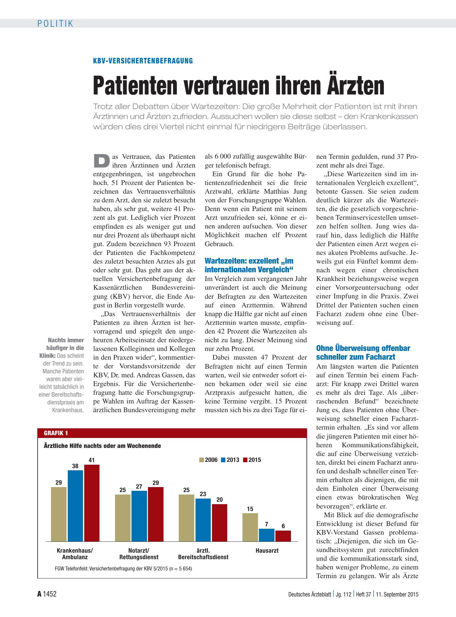 Vorschauseite 1: KBV-Versichertenbefragung: Patienten vertrauen ihren Ärzten – Deutsches Ärzteblatt