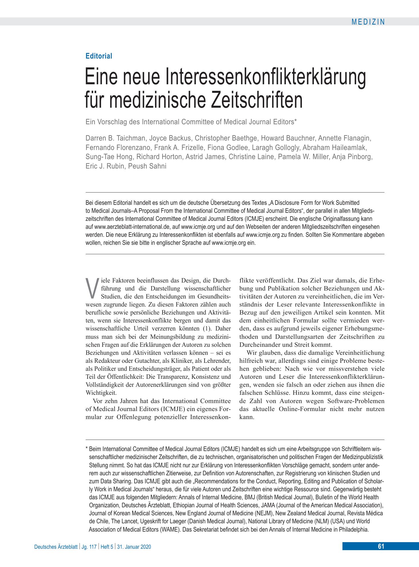 Vorschauseite 1: Eine neue Interessenkonflikterklärung für medizinische Zeitschriften – Deutsches Ärzteblatt