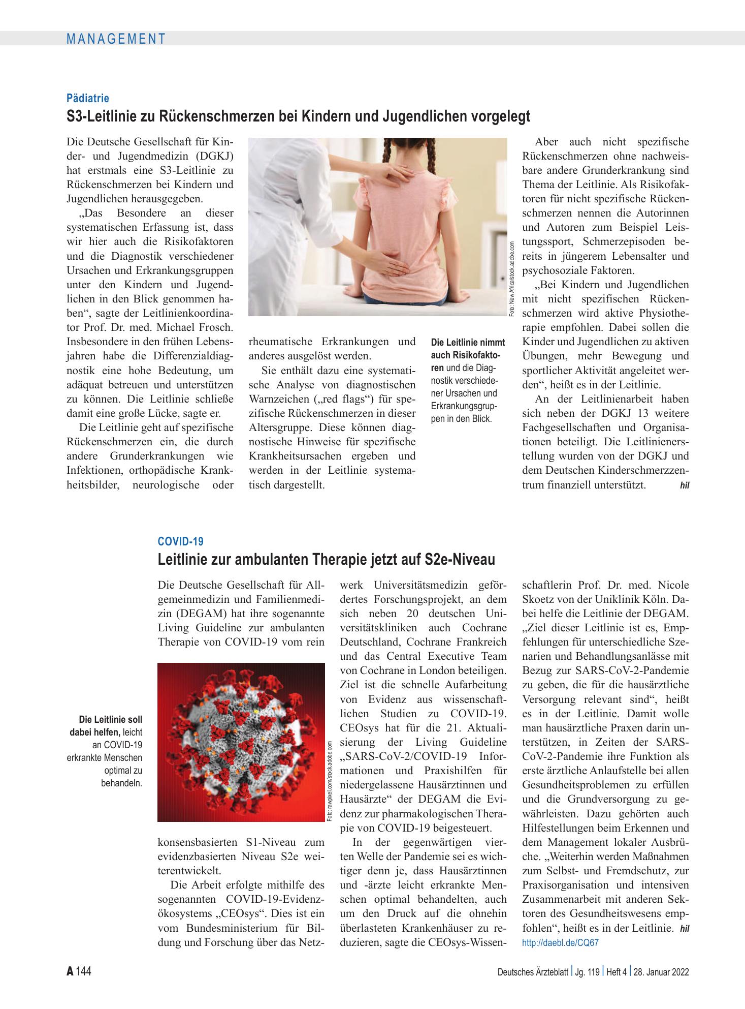 Vorschauseite 1: Pädiatrie: S3-Leitlinie zu Rückenschmerzen bei Kindern und Jugendlichen vorgelegt – Deutsches Ärzteblatt