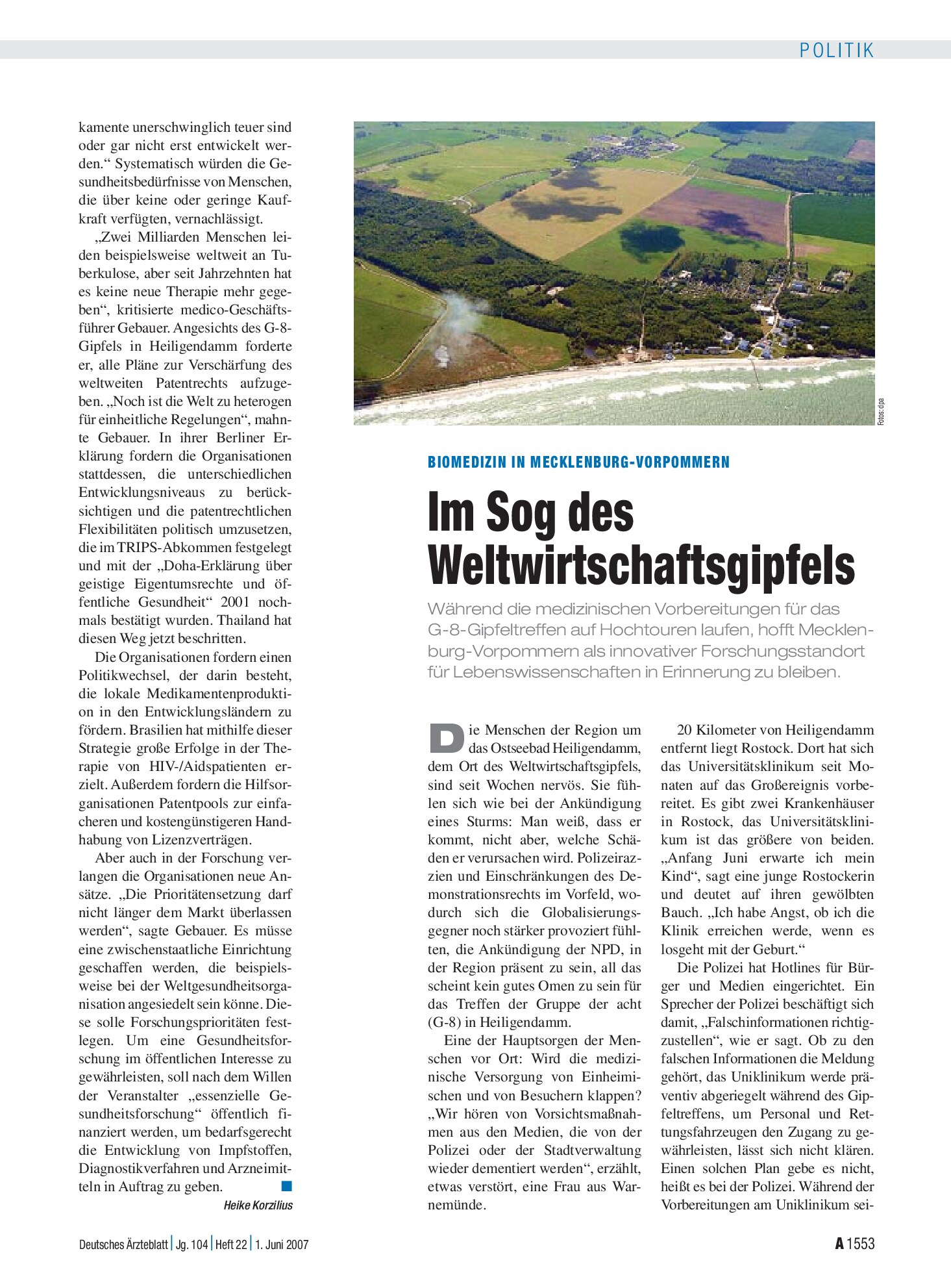 Vorschauseite 1: Biomedizin in Mecklenburg-Vorpommern: Im Sog des Weltwirtschaftsgipfels – Deutsches Ärzteblatt