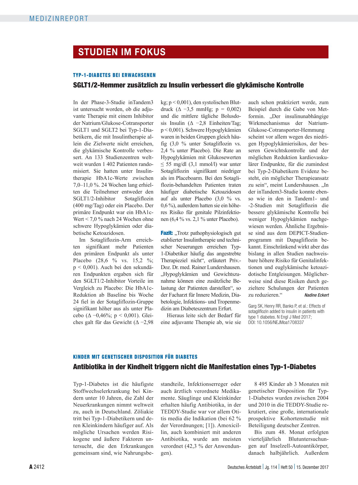 Vorschauseite 1: Typ-1-Diabetes bei Erwachsenen: SGLT1/2-Hemmer zusätzlich zu Insulin verbessert die glykämische Kontrolle – Deutsches Ärzteblatt