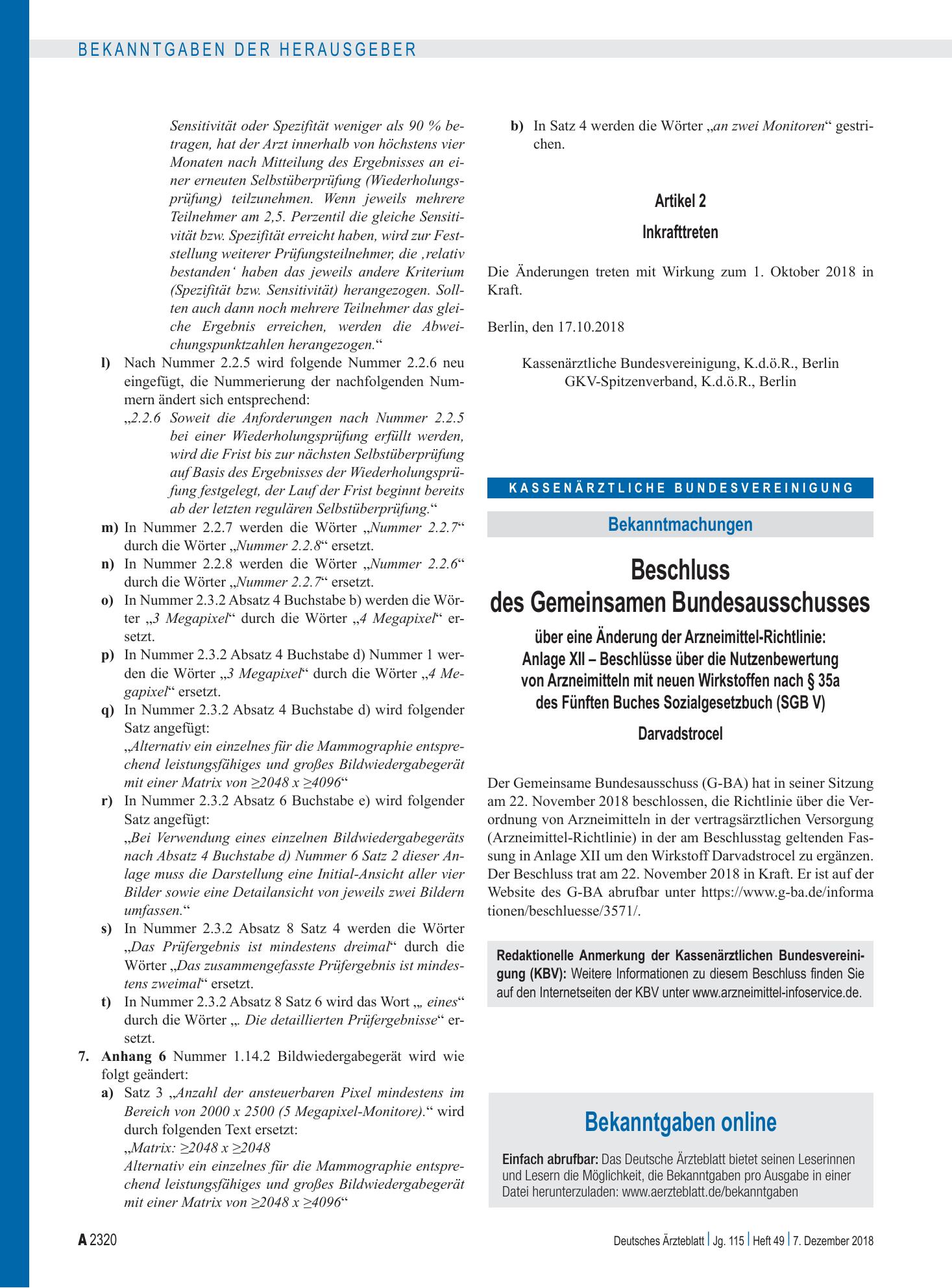 Vorschauseite 1: Beschluss des Gemeinsamen Bundesausschusses über eine Änderung der Arzneimittel-Richtlinie: Anlage XII – Darvadstrocel – Deutsches Ärzteblatt