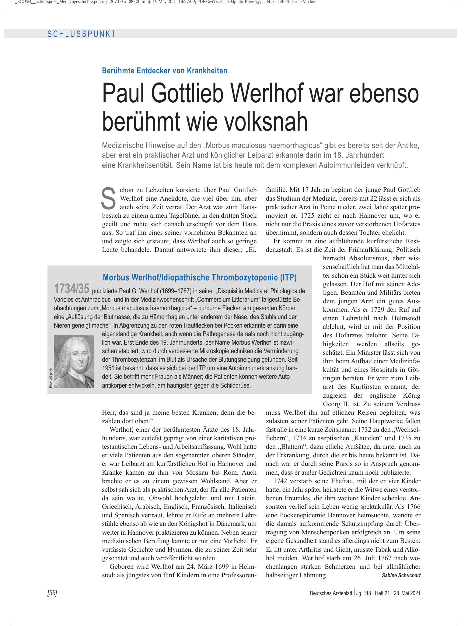 Vorschauseite 1: Berühmte Entdecker von Krankheiten: Paul Gottlieb Werlhof war ebenso berühmt wie volksnah – Deutsches Ärzteblatt