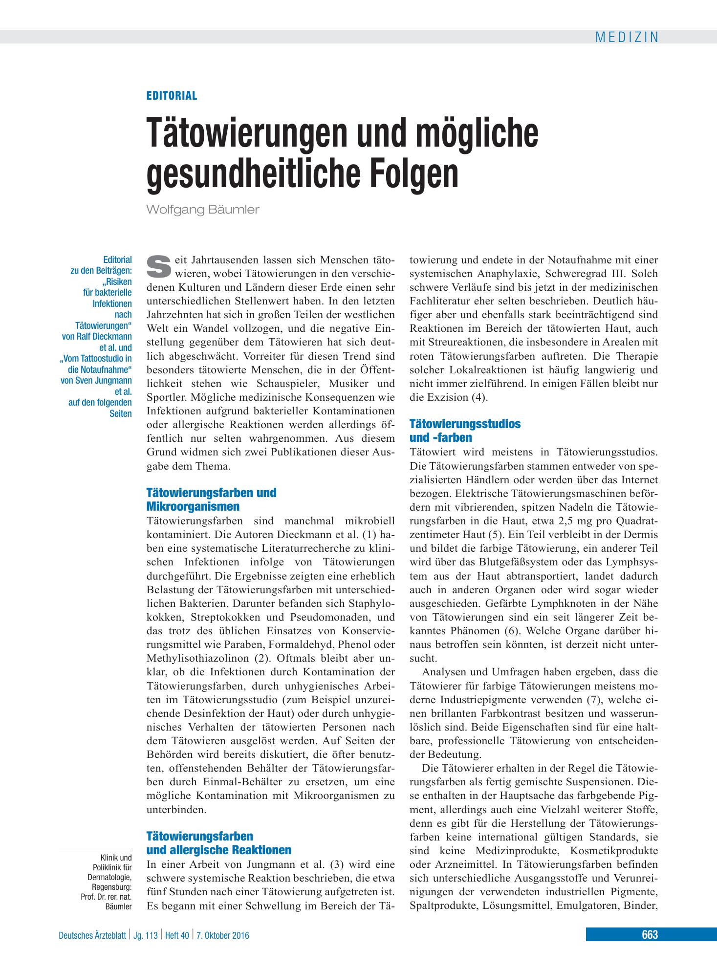 Vorschauseite 1: Tätowierungen und mögliche gesundheitliche Folgen – Deutsches Ärzteblatt