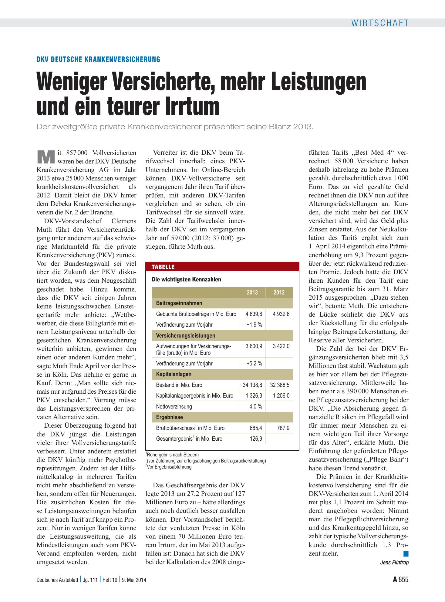 Vorschauseite 1: DKV Deutsche Krankenversicherung: Weniger Versicherte, mehr Leistungen und ein teurer Irrtum – Deutsches Ärzteblatt