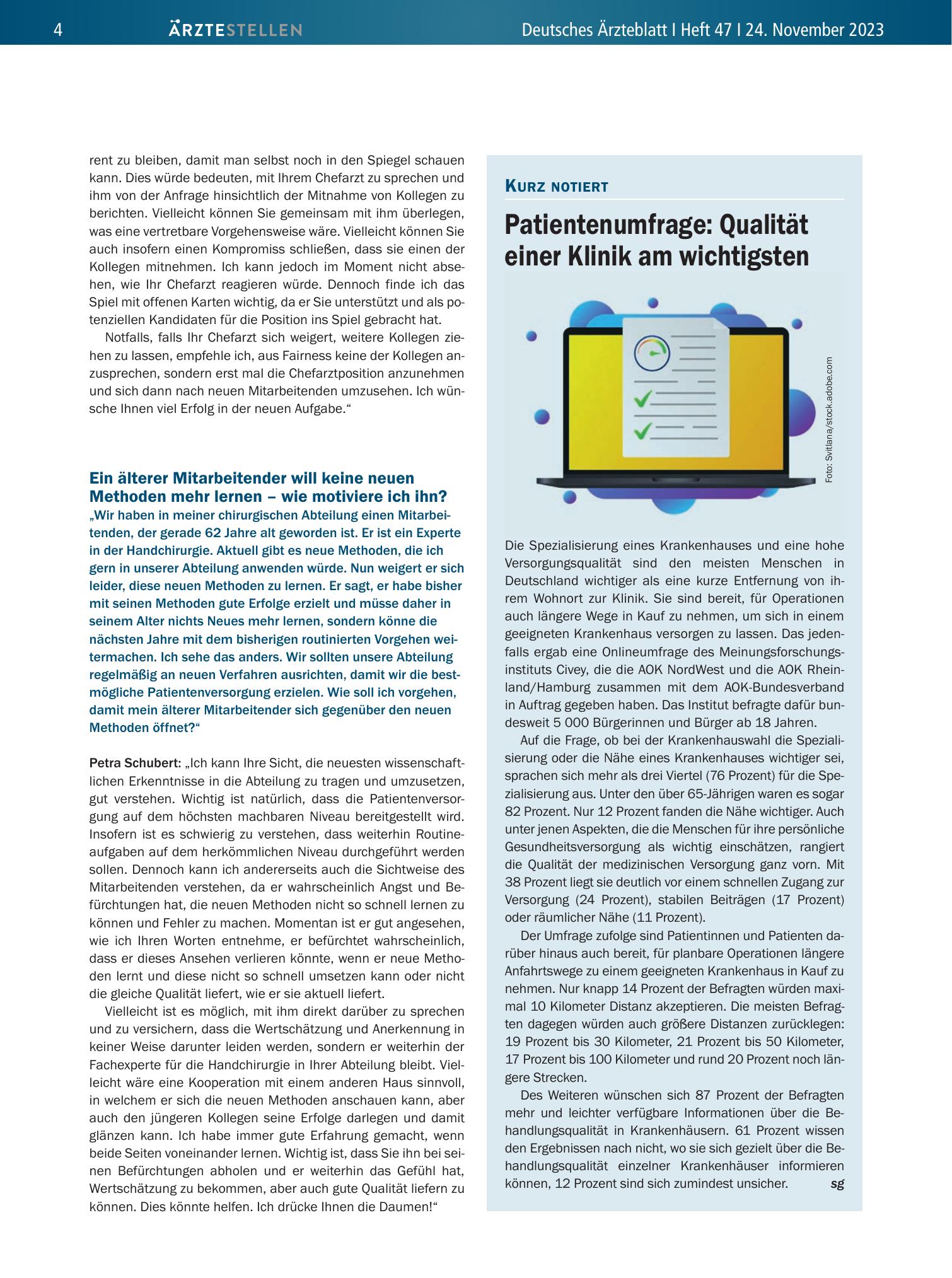 Vorschauseite 1: Patientenumfrage: Qualität einer Klinik am wichtigsten – Deutsches Ärzteblatt