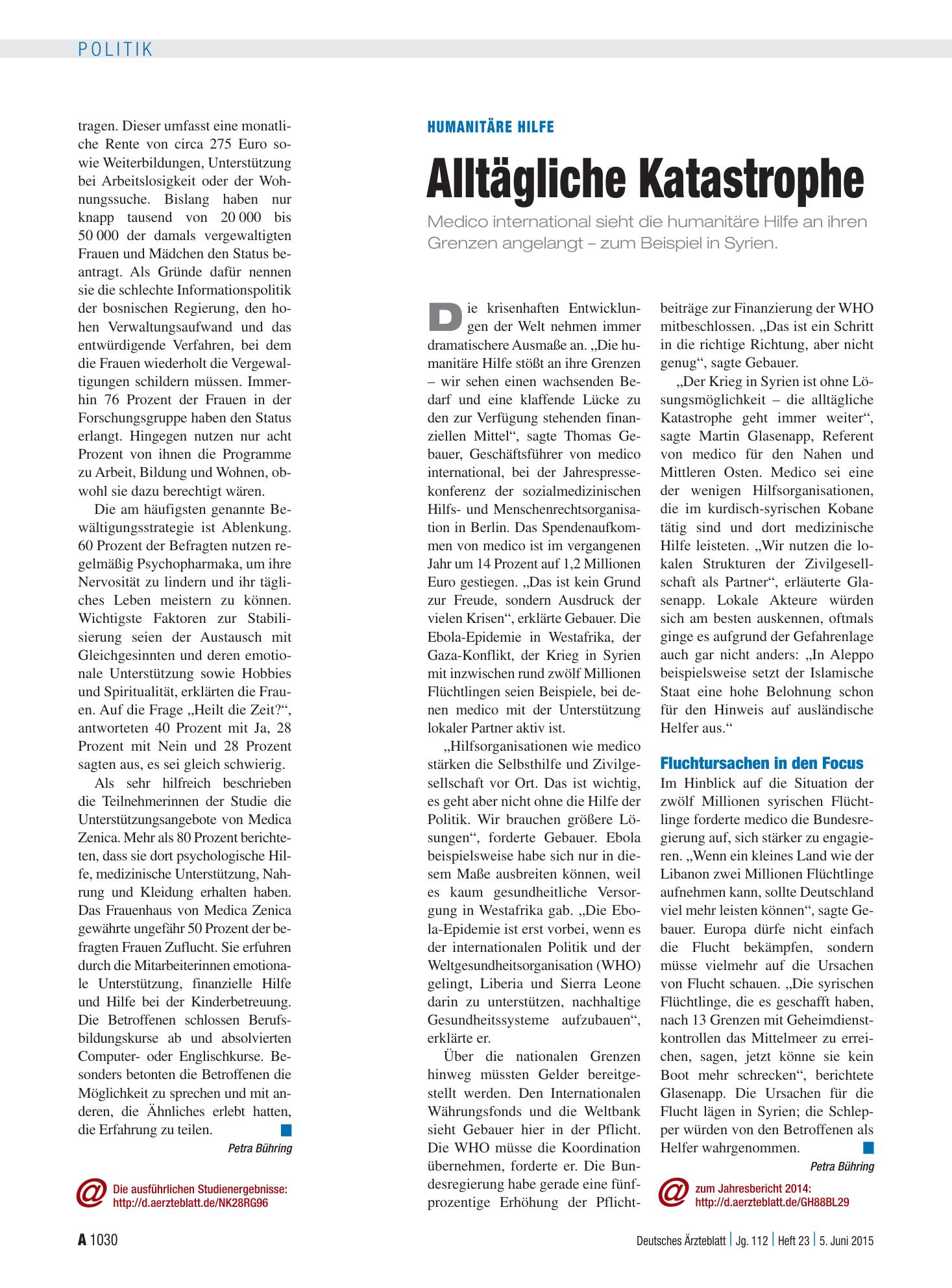 Vorschauseite 1: Humanitäre Hilfe: Alltägliche Katastrophe – Deutsches Ärzteblatt