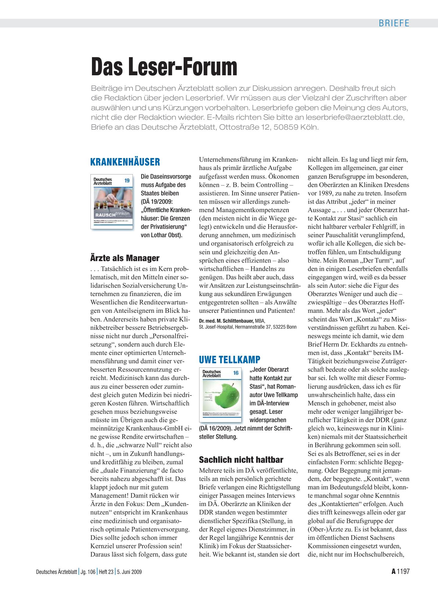 Vorschauseite 1: Krankenhäuser: Ärzte als Manager – Deutsches Ärzteblatt