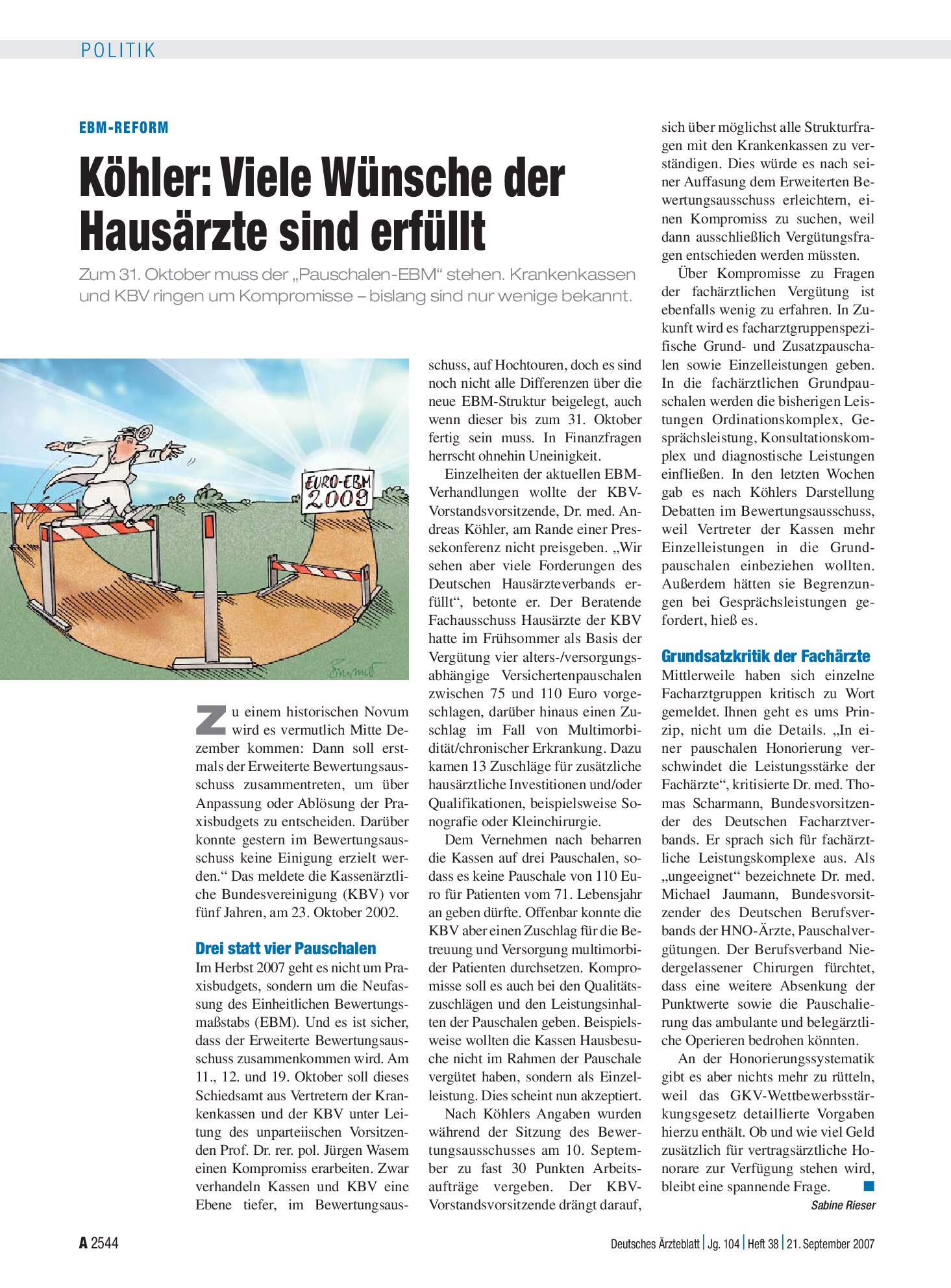 Vorschauseite 1: EBM-Reform: Köhler – Viele Wünsche der Hausärzte sind erfüllt – Deutsches Ärzteblatt