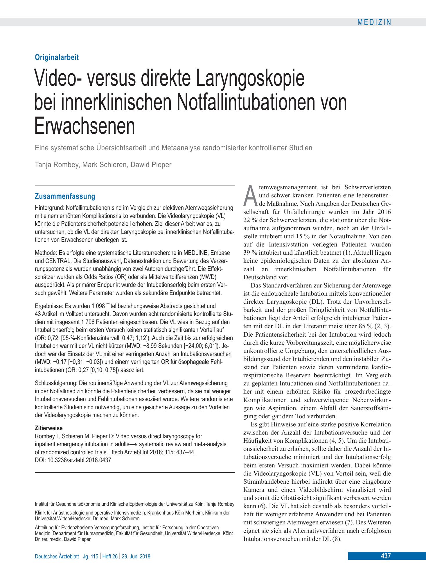 Vorschauseite 1: Video- versus direkte Laryngoskopie bei innerklinischen Notfallintubationen von Erwachsenen – Deutsches Ärzteblatt